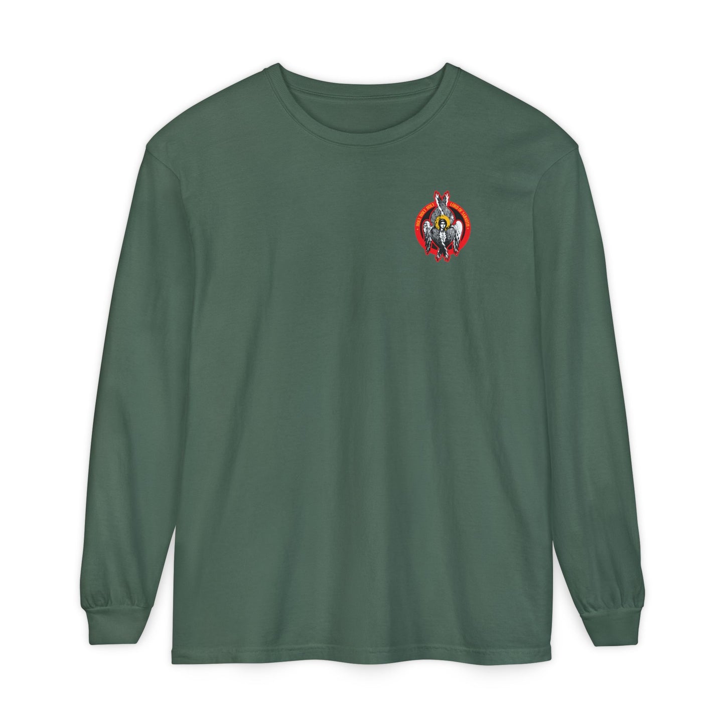 Blue Spruce long-sleeve cotton shirt featuring a small embroidered Holy Holy Holy Seraphim Angel Icono-Graphic on the left chest, inspired by the Heavenly Hosts of God and Divine Council, reflecting Christian spirituality.