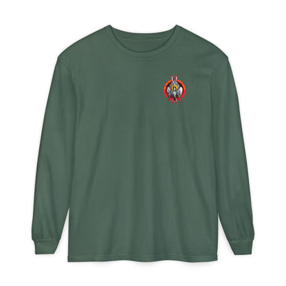 Blue Spruce long-sleeve cotton shirt featuring a small embroidered Holy Holy Holy Seraphim Angel Icono-Graphic on the left chest, inspired by the Heavenly Hosts of God and Divine Council, reflecting Christian spirituality.