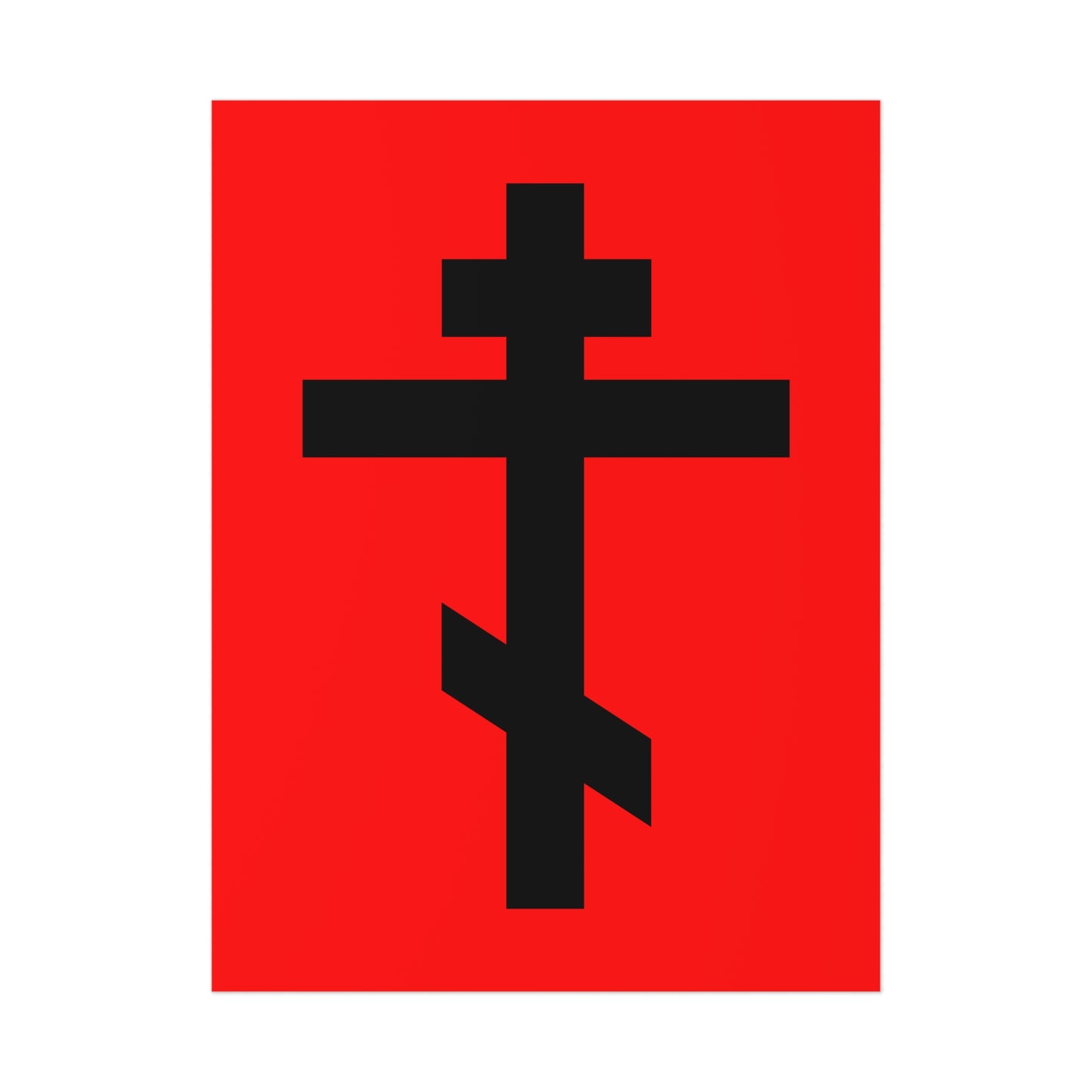 A black Orthodox cross stands out on a vibrant red background with the quote, "May I never boast, except in the cross of our Lord Jesus Christ" (Gal 6:14). Black Orthodox Cross Red Background | Orthodox Art Poster.