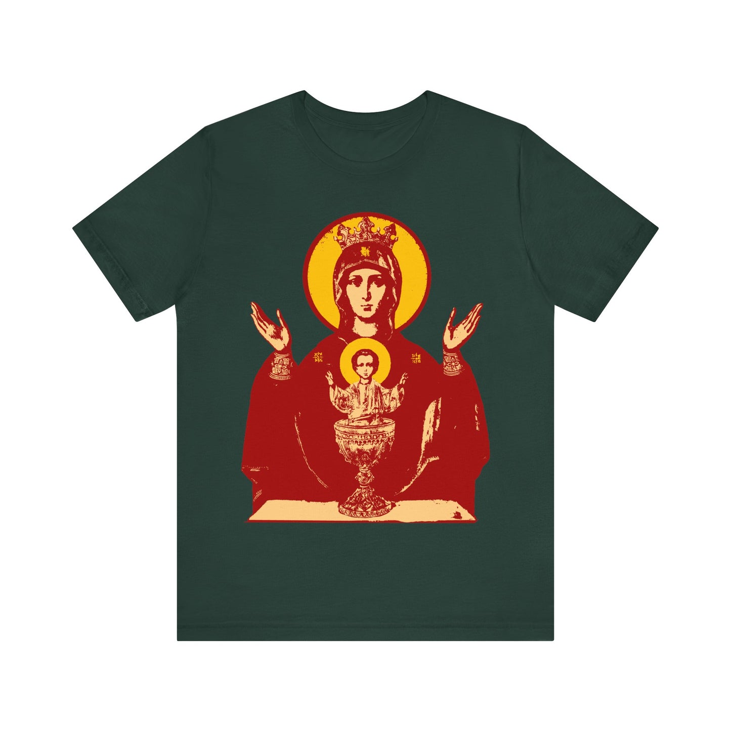 Forest green Holy Theotokos IconoGraphic of the Inexhaustible Chalice Orthodox Christian T-shirt, featuring two haloed figures and symbolizing hope, deliverance from addictions, and conquering passions.
