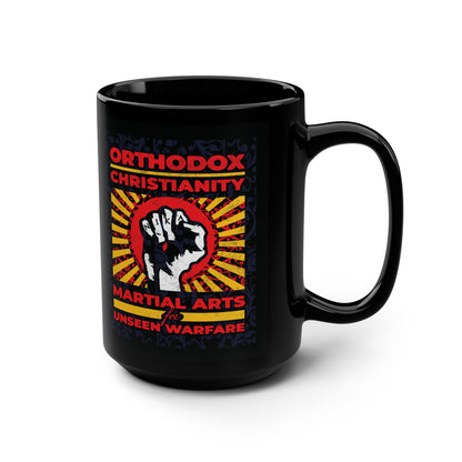 Orthodox Christianity: Martial Arts for Unseen Warfare | NIKA Jesus Fist on Colorful Sunburst Design | Orthodox Christian Black Mug