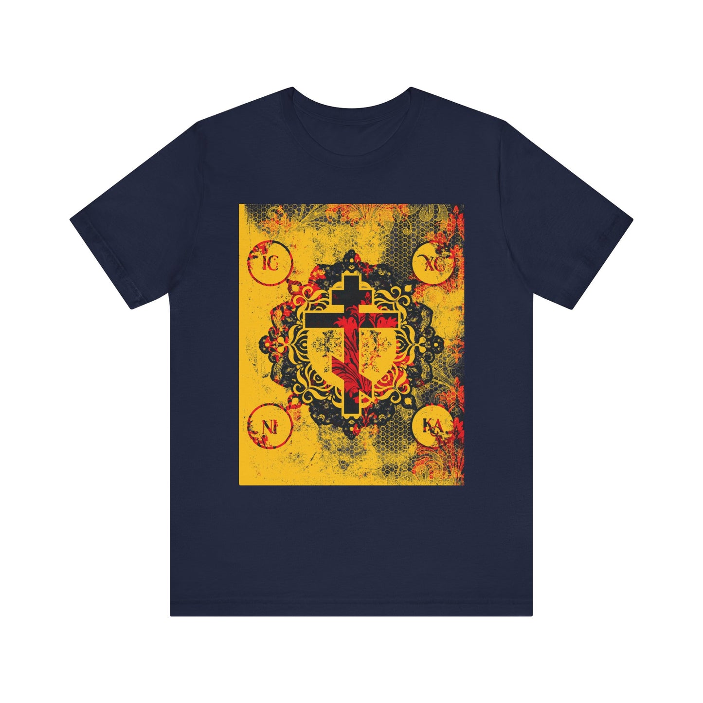 Navy IC XC NIKA Orthodox Cross T-shirt with yellow and red modern-medieval floral design—a lightweight cotton unisex tee inspired by Orthodox Christian tradition and the sacrifice of Christ.