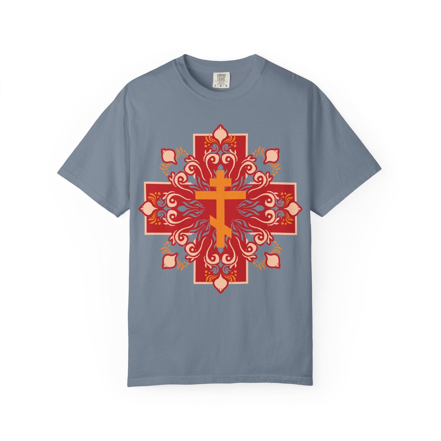 Orange & Red Orthodox Cross Colorful Festive Design | By His Wounds You Have Been Healed (1 Peter 2:24) | Orthodox Heavyweight Cotton Unisex Tee