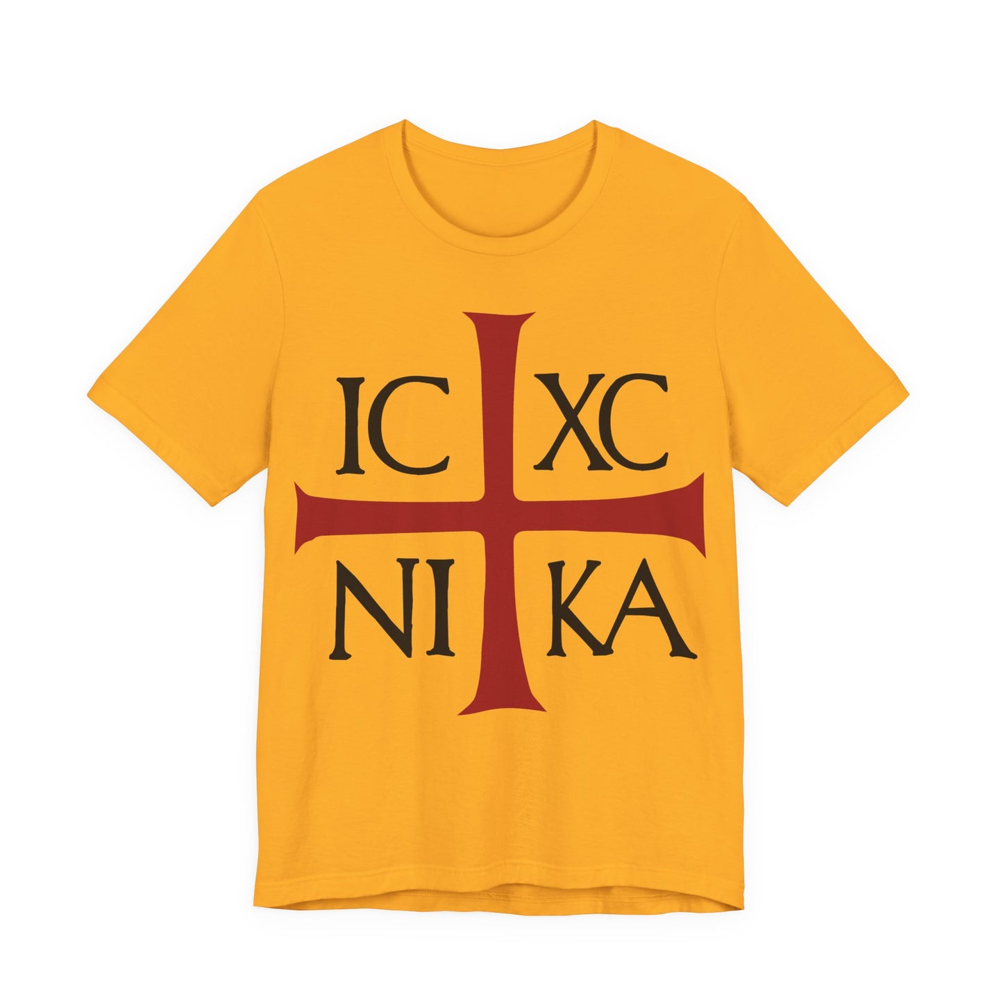 Gold cotton T-shirt with a large red cross and black "ICXC NIKA"—the ancient Byzantine Christogram meaning "Jesus Christ Conquers." Orthodox Christian design inspired by Philippians 2:9-11.