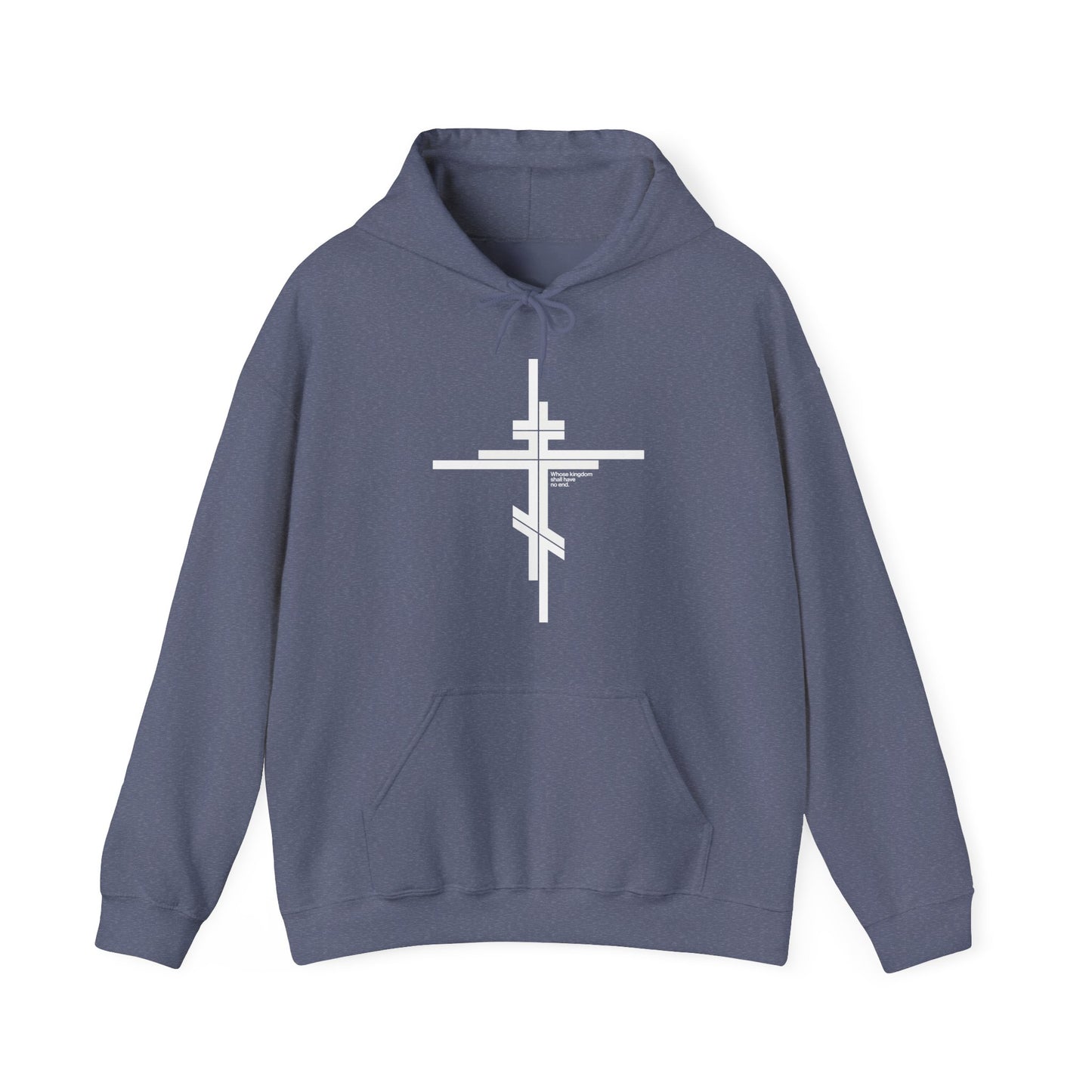 Heather navy hoodie with a modern Orthodox cross and "Whose Kingdom Shall Have No End" inspired by Luke 1:32-33, featuring a minimalist front design.