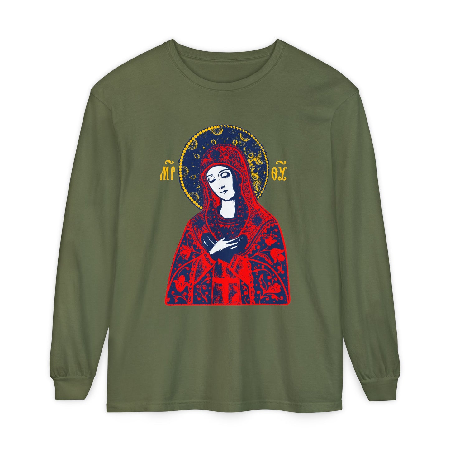 Joy of All Joys Tenderness Theotokos Iconographic Based on Traditional Orthodox Iconography | Red Design | Orthodox Christian Long Sleeve Shirt