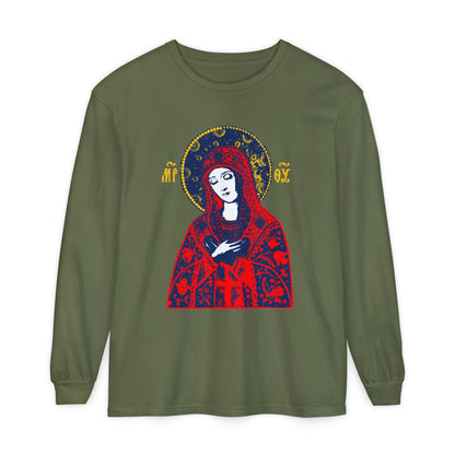 Joy of All Joys Tenderness Theotokos Iconographic Based on Traditional Orthodox Iconography | Red Design | Orthodox Christian Long Sleeve Shirt