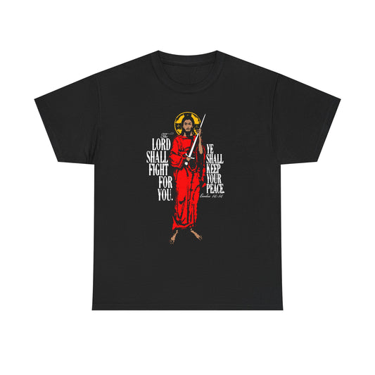Black "The Lord Shall Fight For You (Exodus 14:14)" tee features an illustration of Jesus with a sword, inspired by the crossing of the Red Sea. Orthodox midweight cotton unisex shirt.