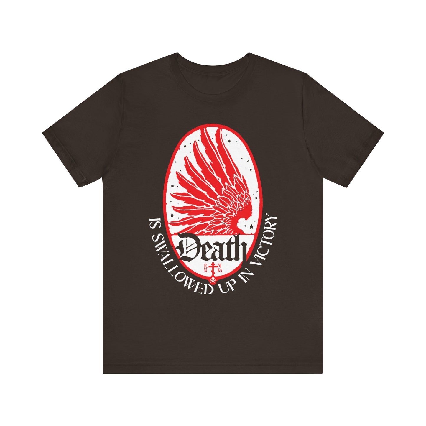 Brown lightweight cotton unisex tee featuring an Art Nouveau eagle wing and stars graphic with the text "Death is Swallowed Up in Victory" (1 Cor 15:54), expressing Orthodox Christian hope over death.