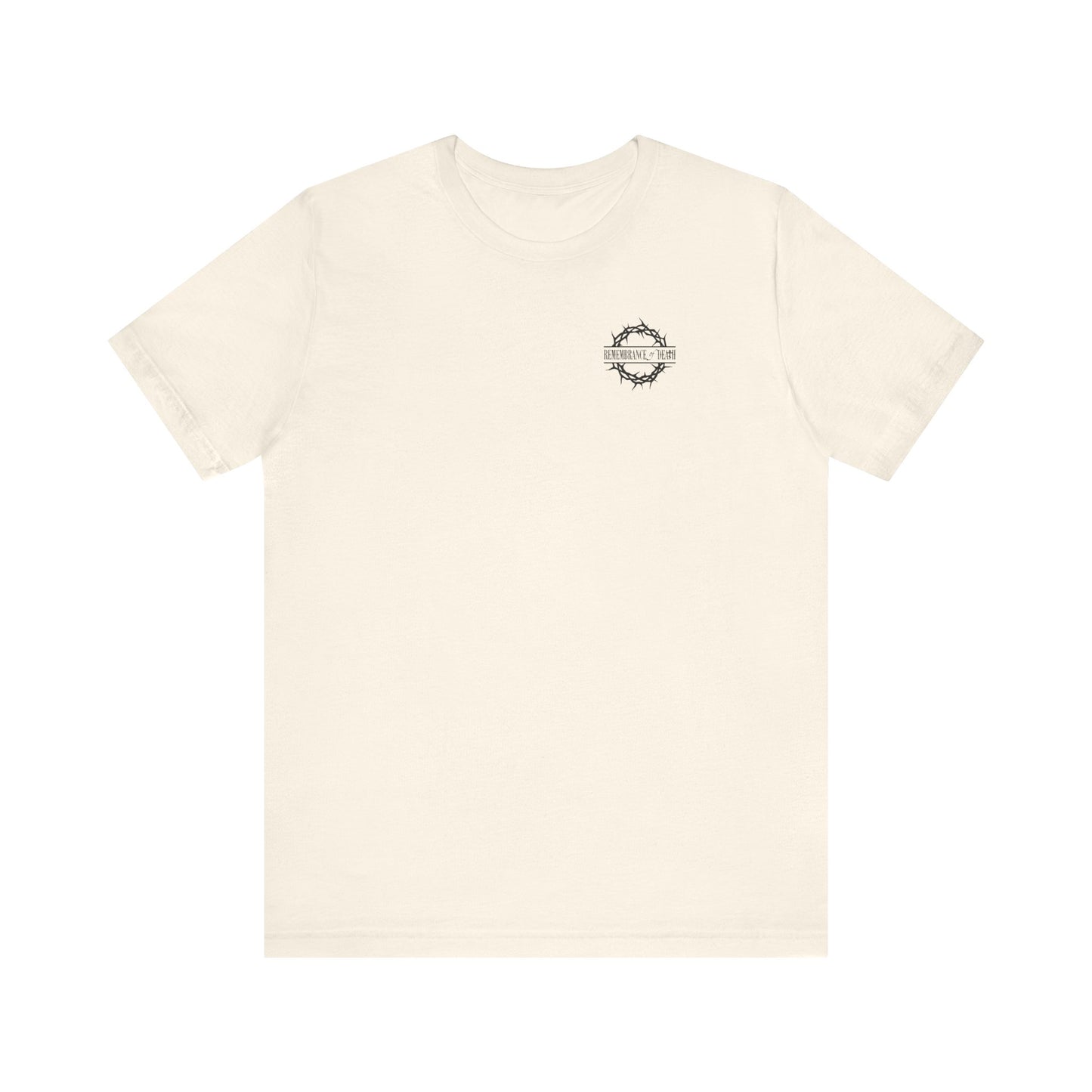 Natural lightweight cotton unisex tee with a branded front and subtle graphic, inspired by the Ladder of Divine Ascent and dispassion, featuring “Dead to this World”—Christian goth flower cross & skull design.