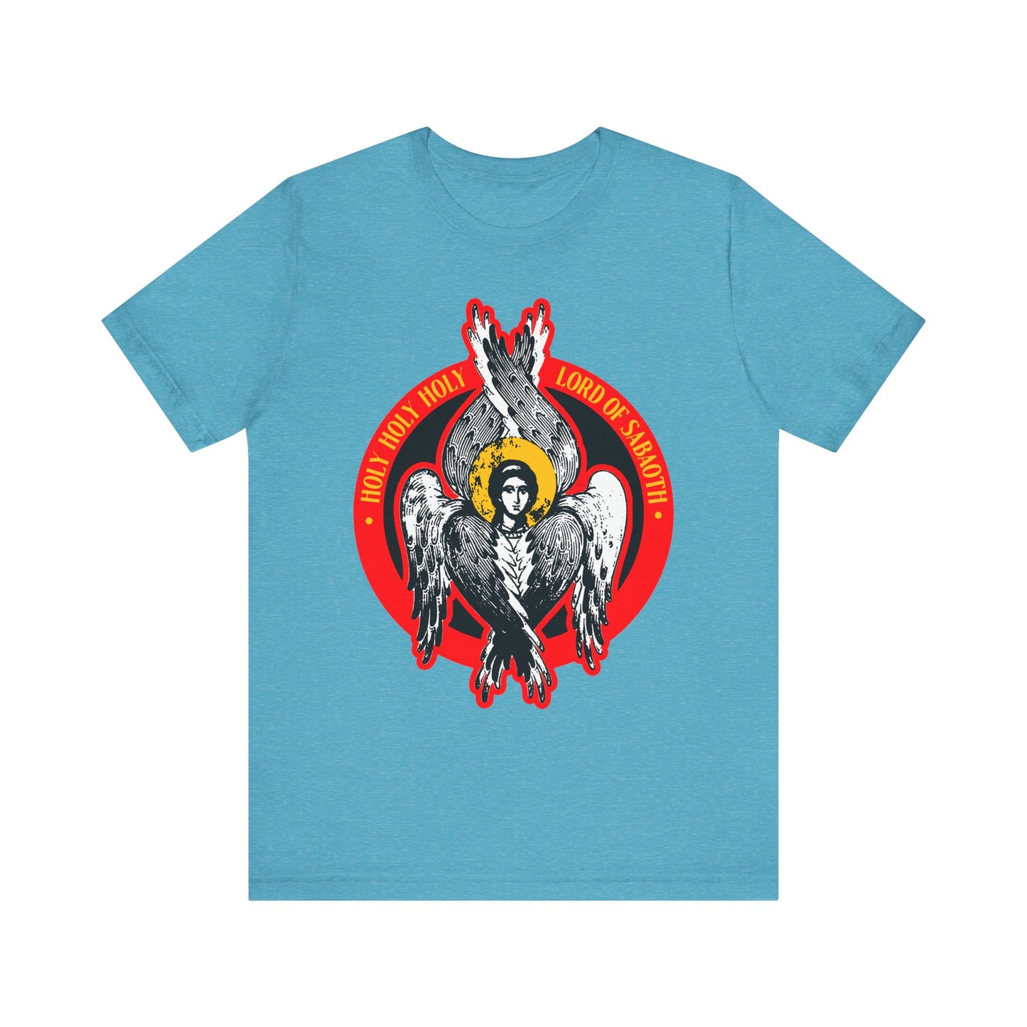 Heather Aqua unisex tee featuring a seraphim angel graphic and "Holy Holy Holy Lord of Hosts" text, inspired by Isaiah 6. Lightweight cotton.