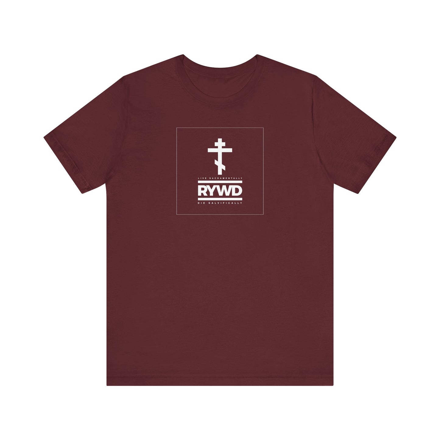 Maroon "RYWD (Remember You Will Die) | Live Sacramentally Die Salvifically" Orthodox Christian lightweight cotton unisex tee featuring a minimalist white Orthodox cross and RYWD text inside a white square on the front, serving as a subtle reminder to live in remembrance of death.