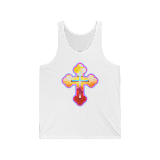 80s Synthwave Retrowave Outrun Aesthetic | Glowing & Reflective Gold & Red Three-Bar Cross | Orthodox Christian Jersey Tank Top / Sleeveless Shirt