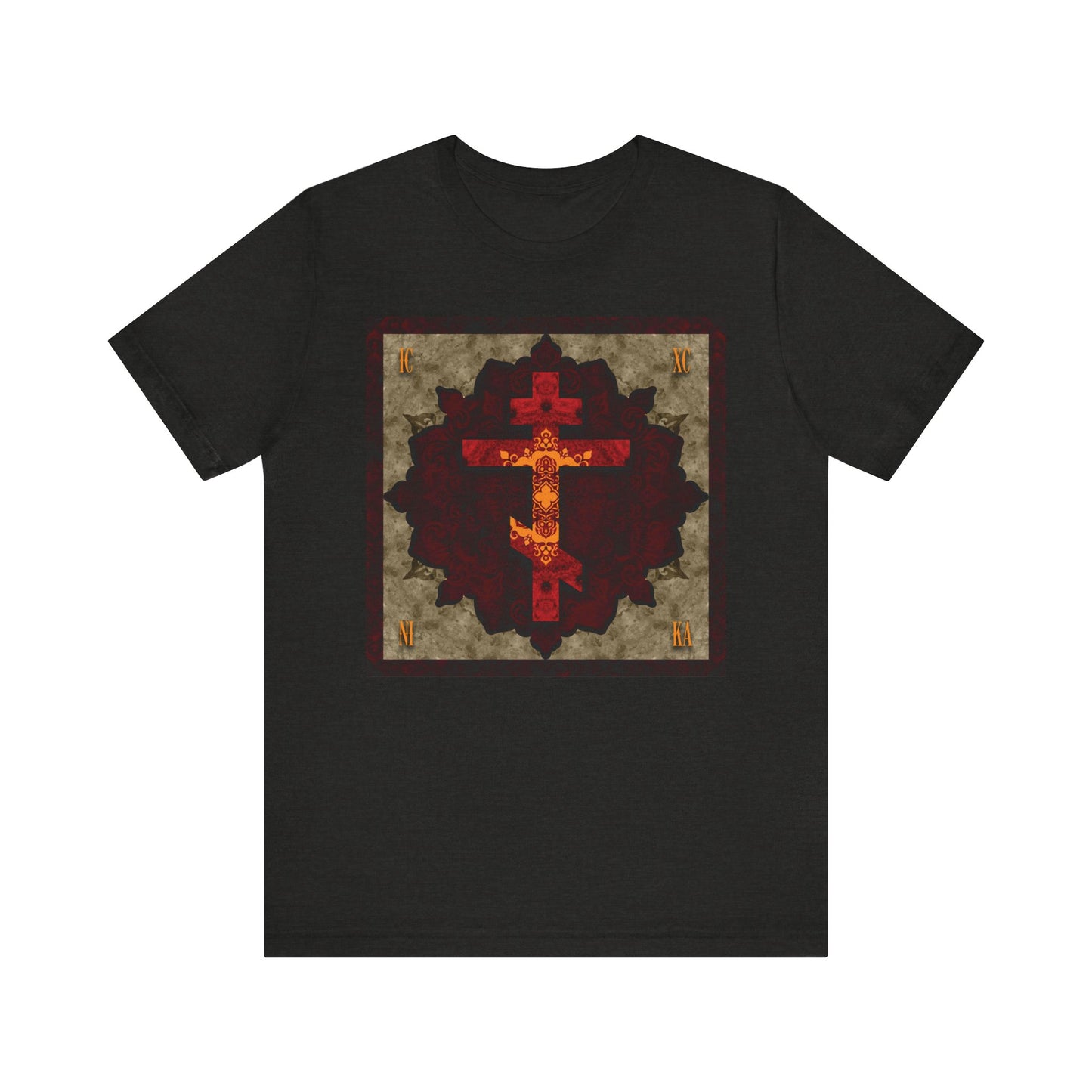Black Heather t-shirt featuring the ICXC NIKA Artistic Textured Red & Gold Russian Cross design, inspired by Orthodox Christian virtues and reflecting the legacy of St. John of Shanghai and San Francisco. Made from lightweight cotton for a comfortable unisex fit.
