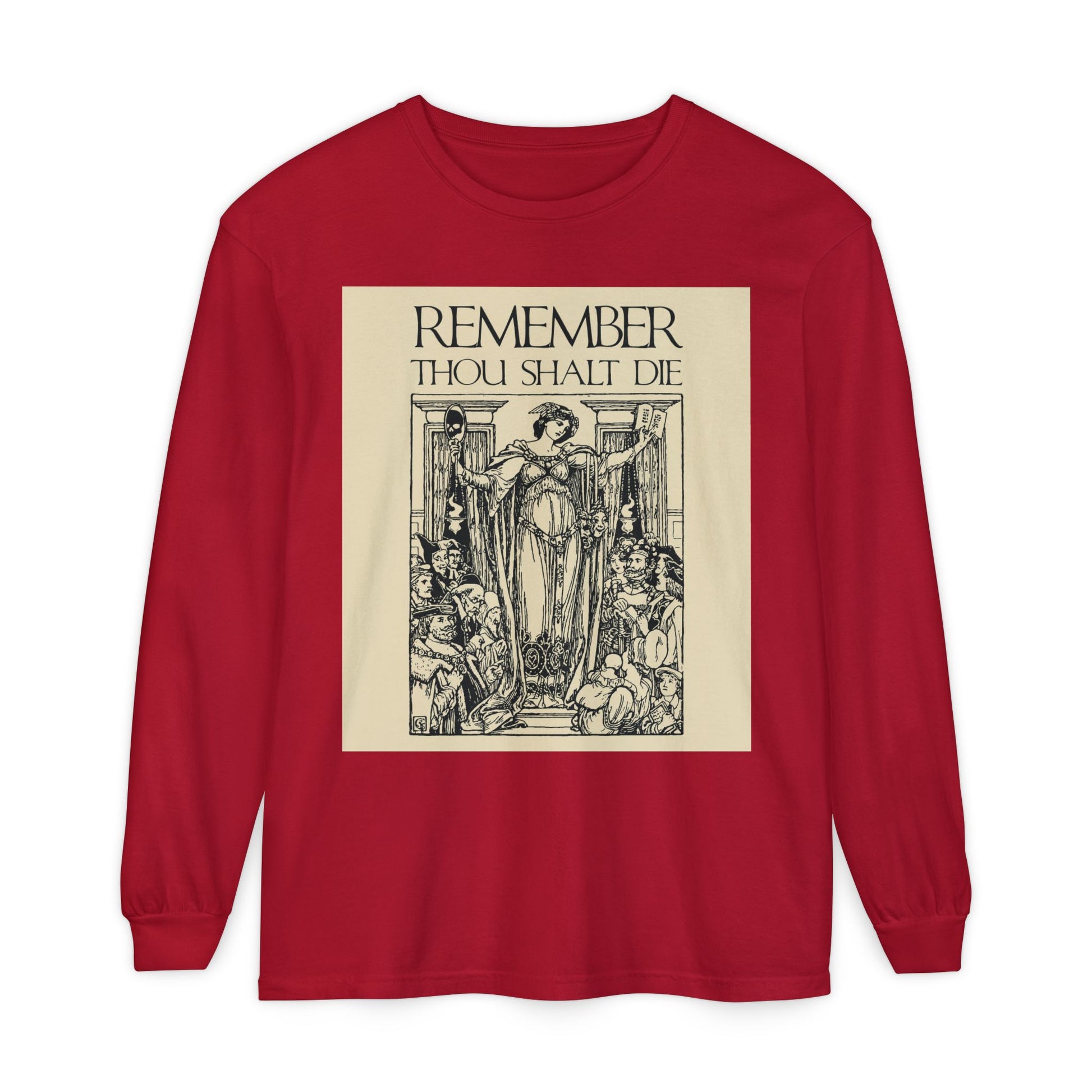 Red long-sleeve shirt with classic woodcut “Remember You Will Die” design, inspired by Orthodox Christian memento mori themes and Shakespearean style.