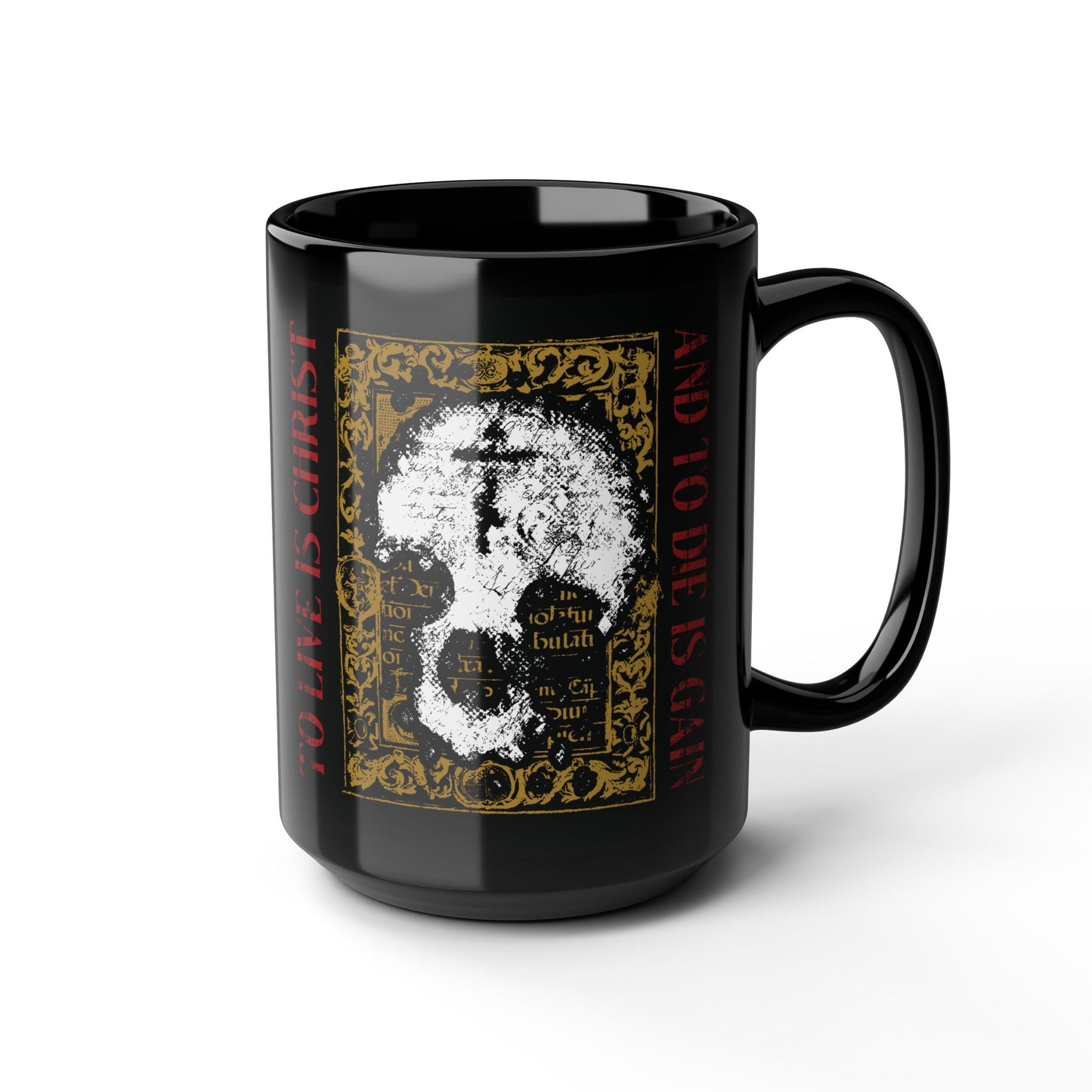 To Live is Christ, to Die is Gain (Philippians 1:21) | Skull with Cross on Gold Manuscript Texture | Orthodox Christian Black Mug
