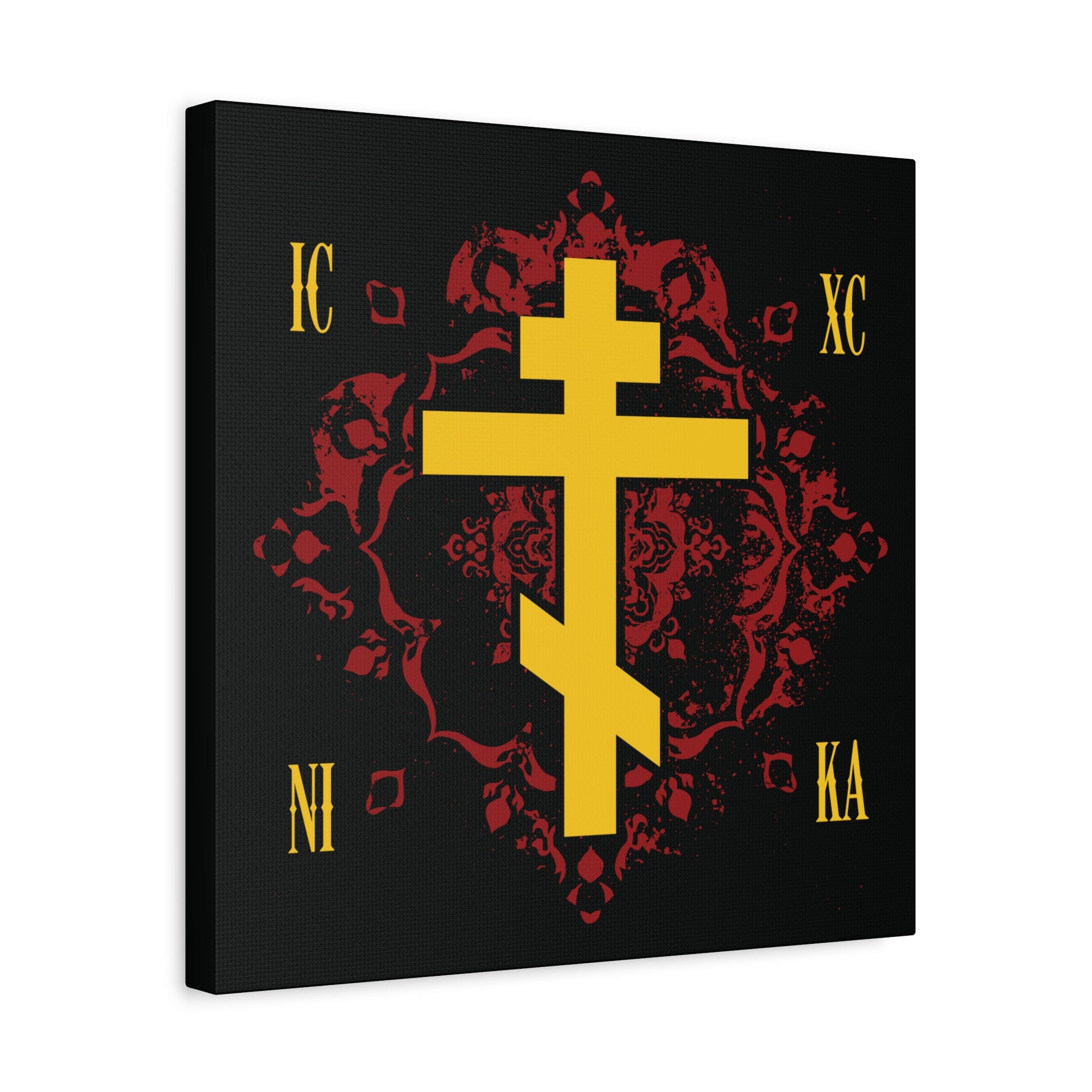 The “ICXC NIKA Yellow Russian Cross on Ornate Red Background Design” canvas features a yellow Orthodox cross symbolizing Christ’s victory, accented by IC XC NI KA in the corners on a rich, red patterned background.
