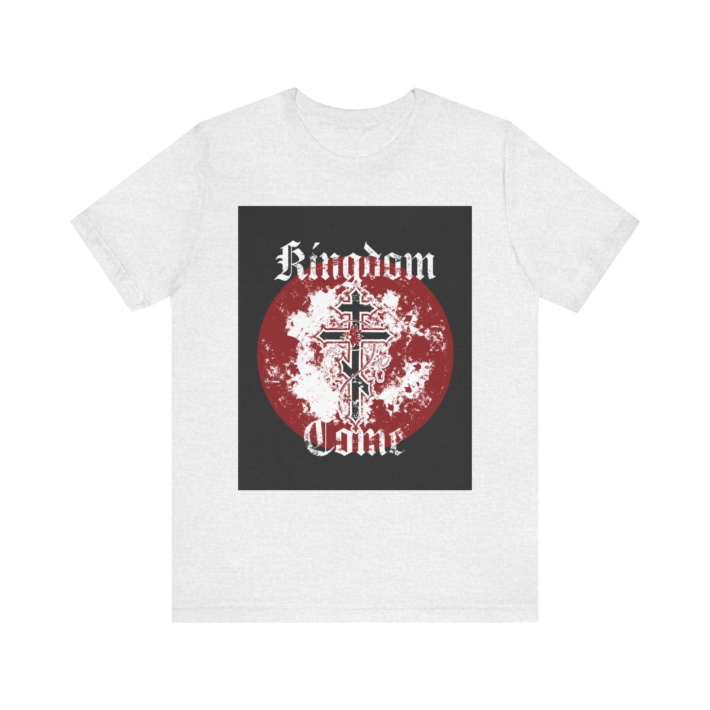 Ash-colored lightweight cotton unisex tee featuring an Orthodox cross with vine, "Thy Kingdom Come" in textured Gothic font on a black rectangle background—a striking tribute inspired by the Lord’s Prayer.