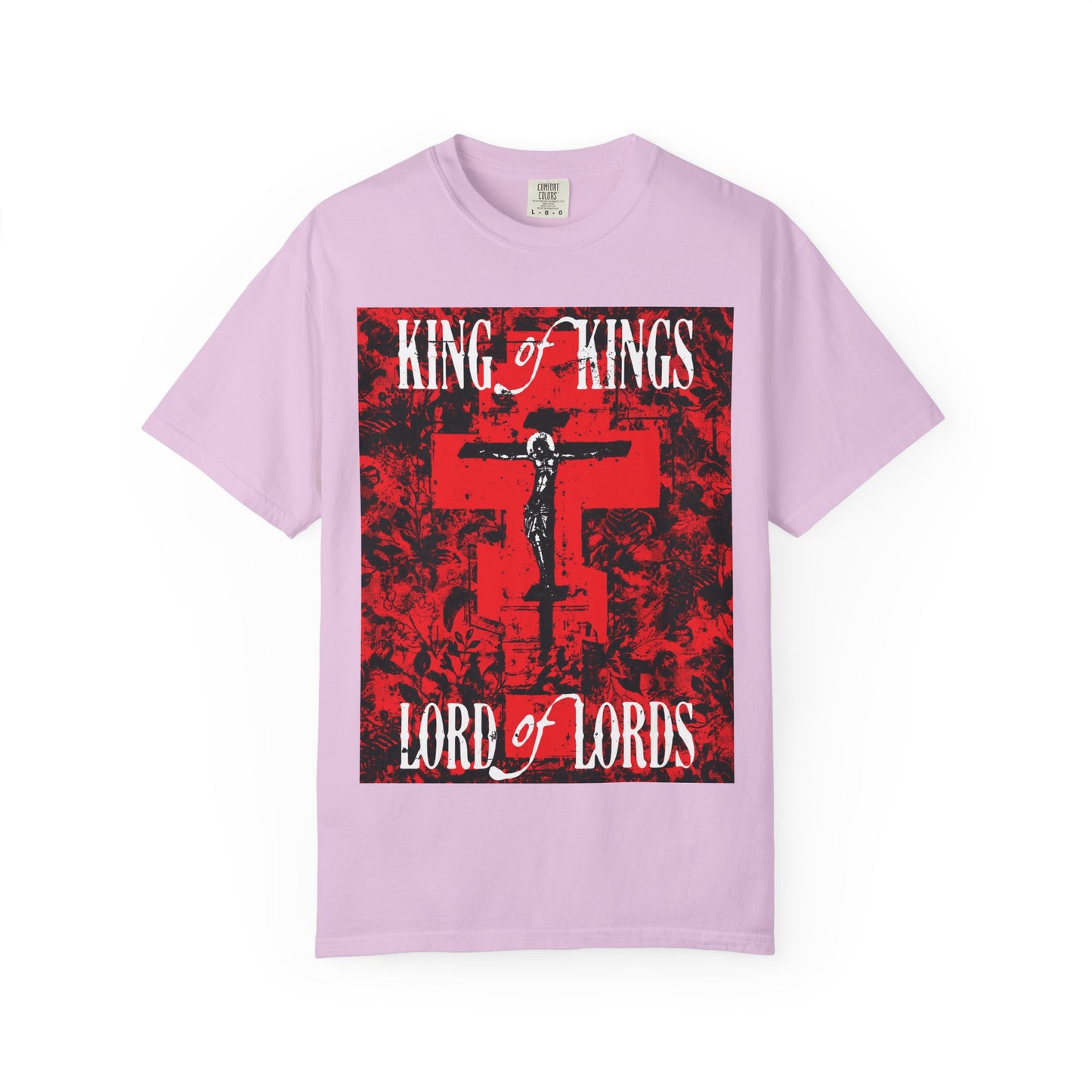 King of Kings, Lord of Lords | Christ Crucified Icono-Graphic | Red Cross Nature Texture w/ White Text | Heavyweight Cotton Unisex Tee