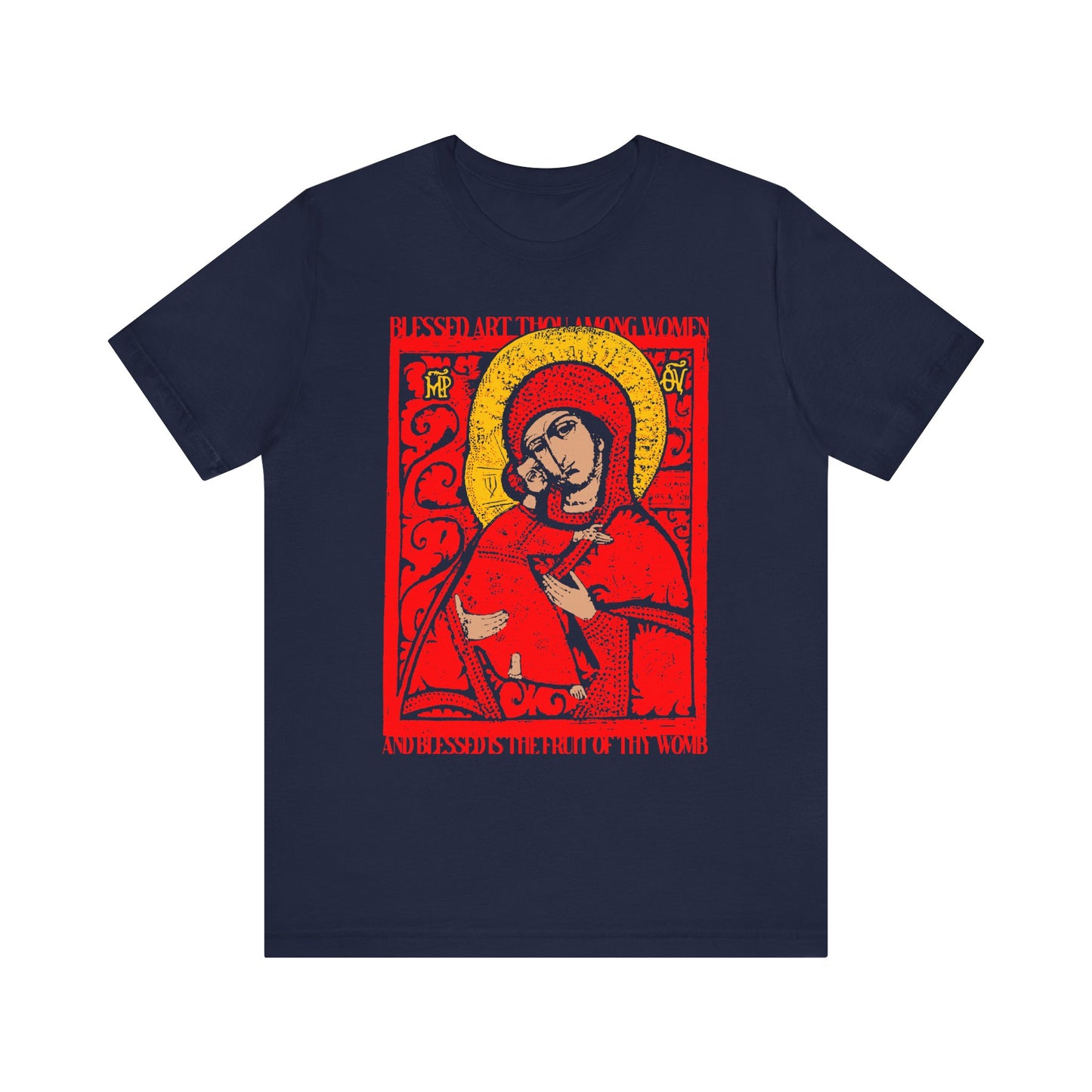 Navy Vladimir Theotokos IconoGraphic t-shirt, made from lightweight cotton, showcasing a vibrant red, yellow, and gold Orthodox Christian icon inspired by the Vladimirskaya Theotokos, with "Blessed Art Thou Among Women" boldly printed above and below the image.