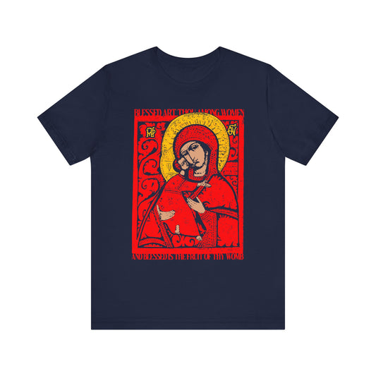Navy Vladimir Theotokos IconoGraphic t-shirt, made from lightweight cotton, showcasing a vibrant red, yellow, and gold Orthodox Christian icon inspired by the Vladimirskaya Theotokos, with "Blessed Art Thou Among Women" boldly printed above and below the image.
