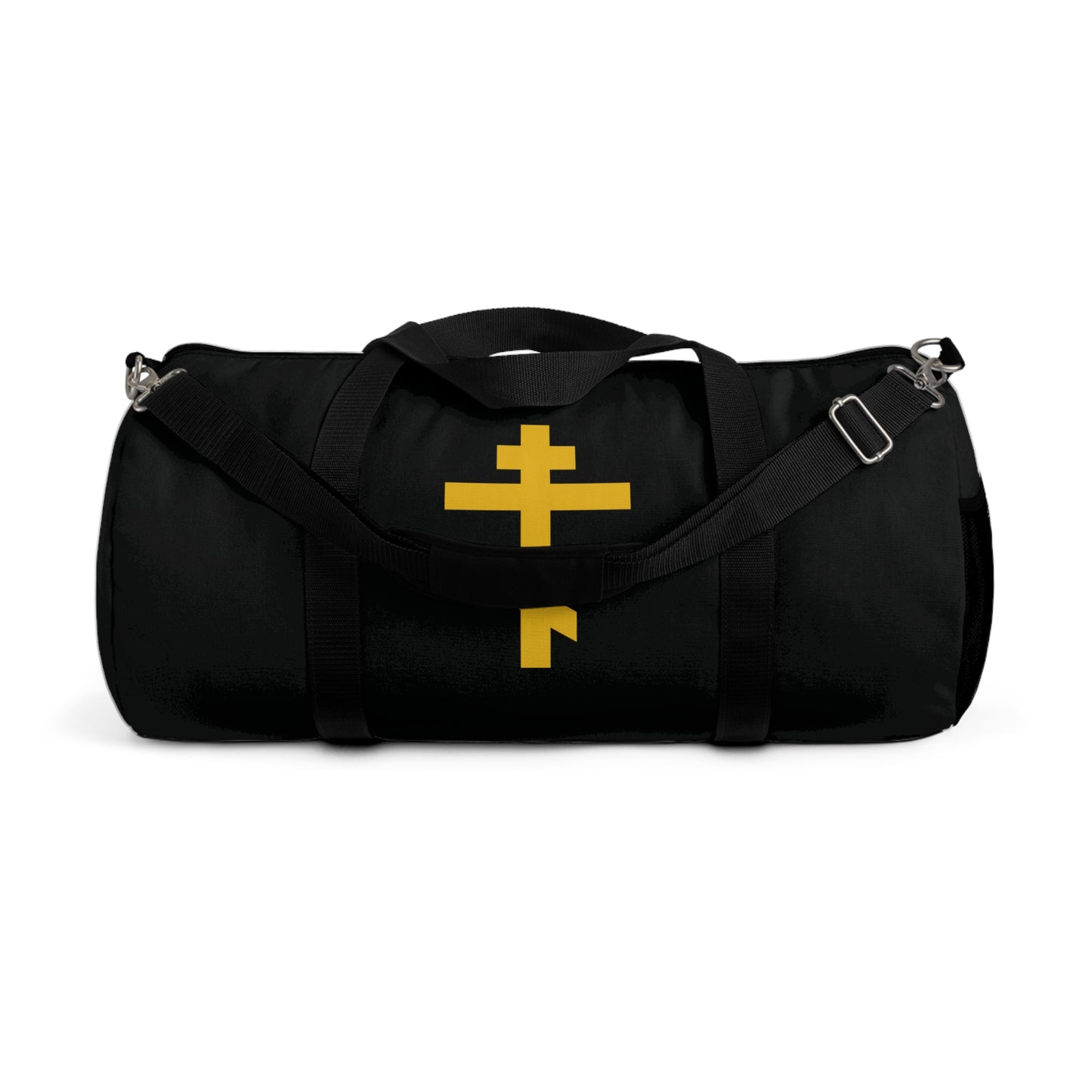 Black duffel bag with a yellow Orthodox cross on a black background, inspired by the "Precious and Life-Giving Weapon of Unseen Warfare." Perfect for Orthodox Christians seeking faith-inspired gym gear.