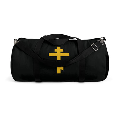 Black duffel bag with a yellow Orthodox cross on a black background, inspired by the "Precious and Life-Giving Weapon of Unseen Warfare." Perfect for Orthodox Christians seeking faith-inspired gym gear.