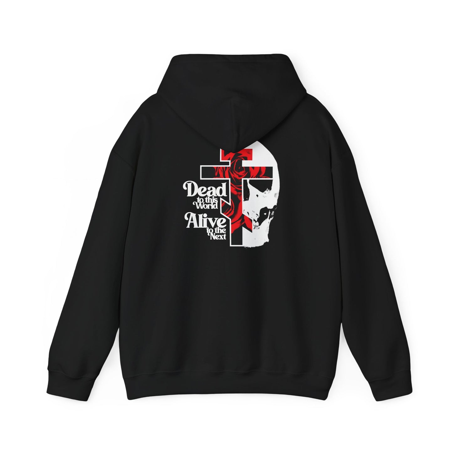 Black “Dead to this World” hoodie (Back Design)—features a Christian goth flower cross and skull with bold 70s typography on the back, inspired by The Ladder of Divine Ascent. A bestselling Orthodox Christian hoodie in black that captures the spirit of renouncing the world and striving for dispassion.