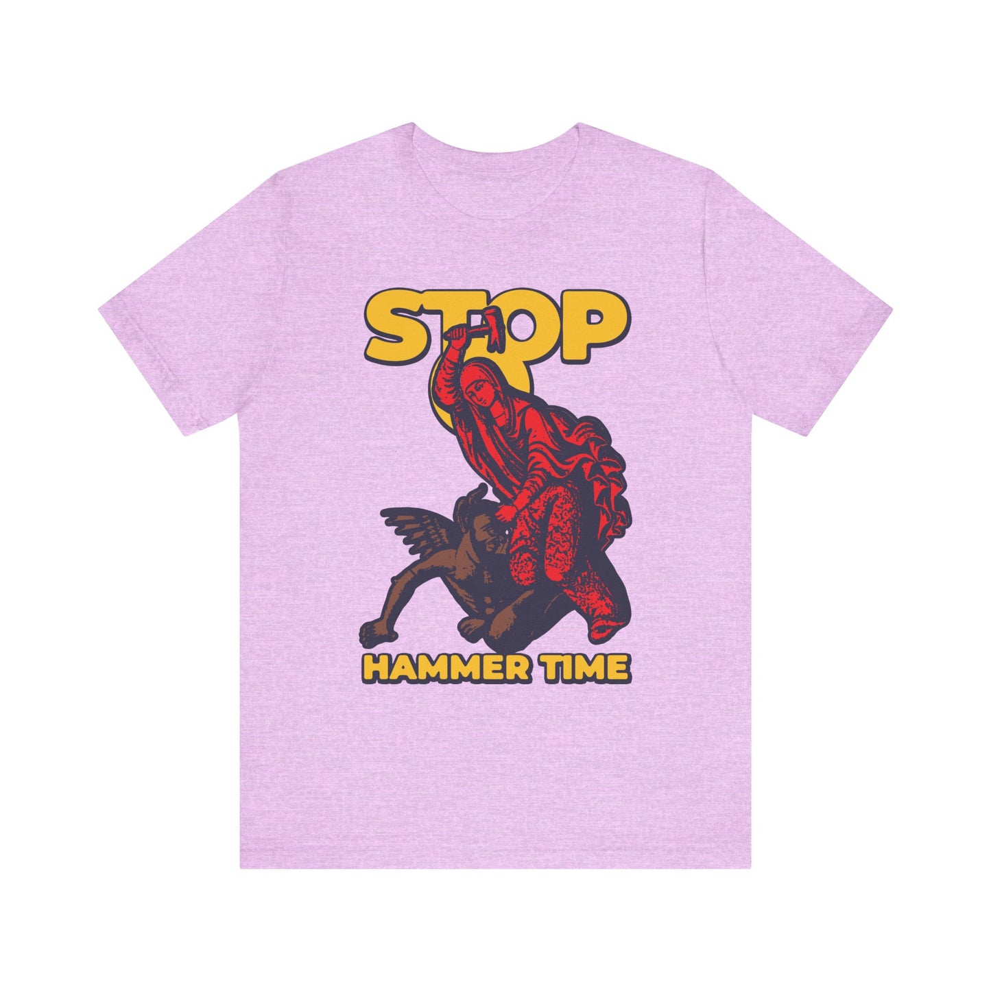 Heather Prism Lilac t-shirt featuring "Stop, Hammer Time" with a colorful design of St. Marina of Antioch beating the devil with a hammer, inspired by Orthodox legends and saints’ lives.
