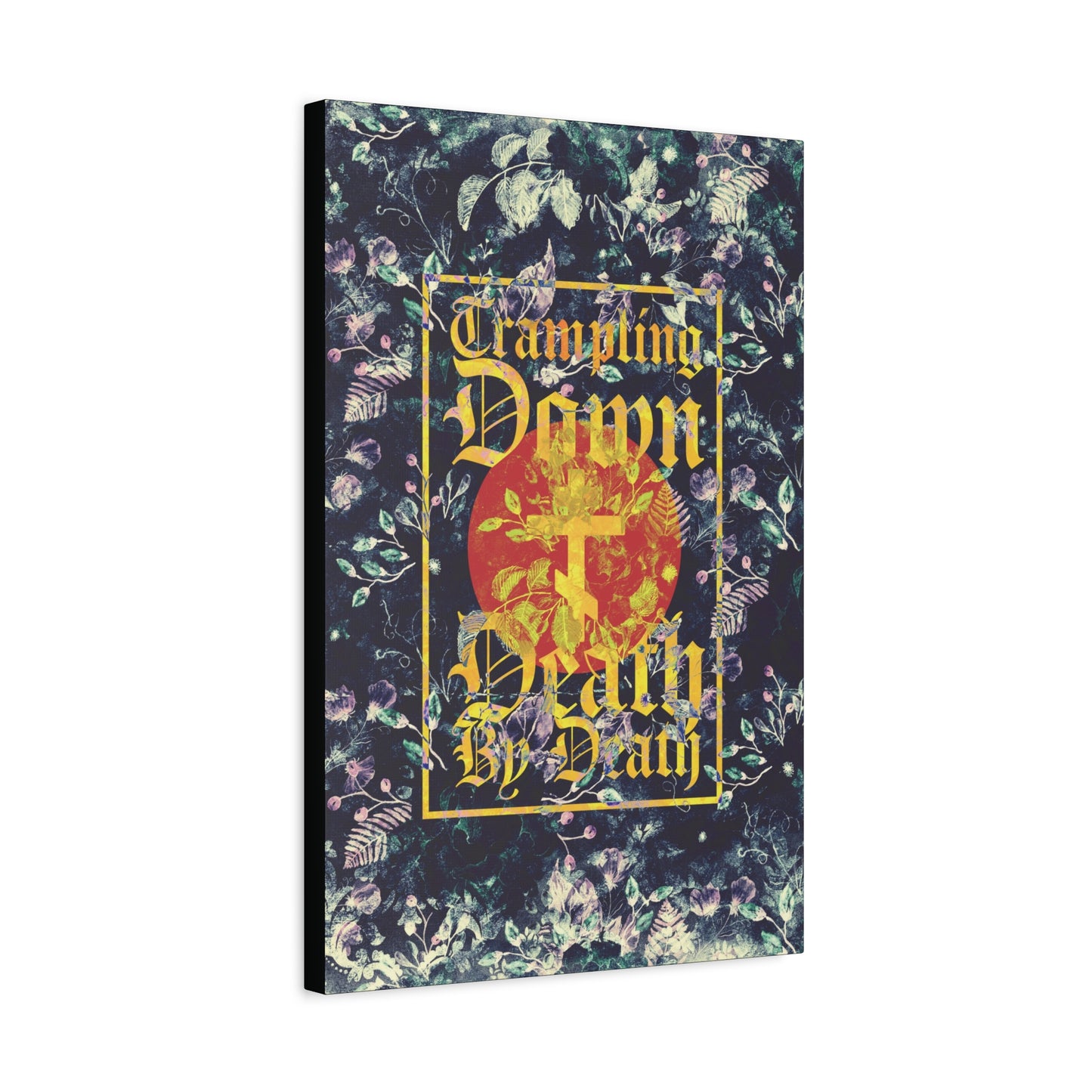 Trampling Down Death By Death | Paschal Floral Design with Gothic Script and Three-Bar Cross | Orthodox Christian Canvas Art