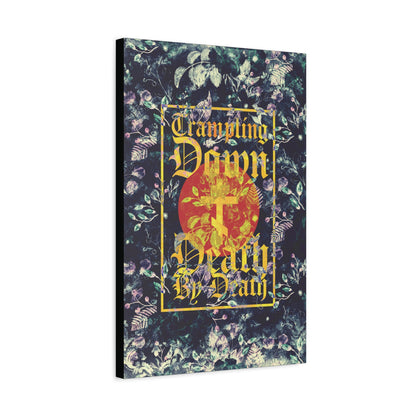 Trampling Down Death By Death | Paschal Floral Design with Gothic Script and Three-Bar Cross | Orthodox Christian Canvas Art