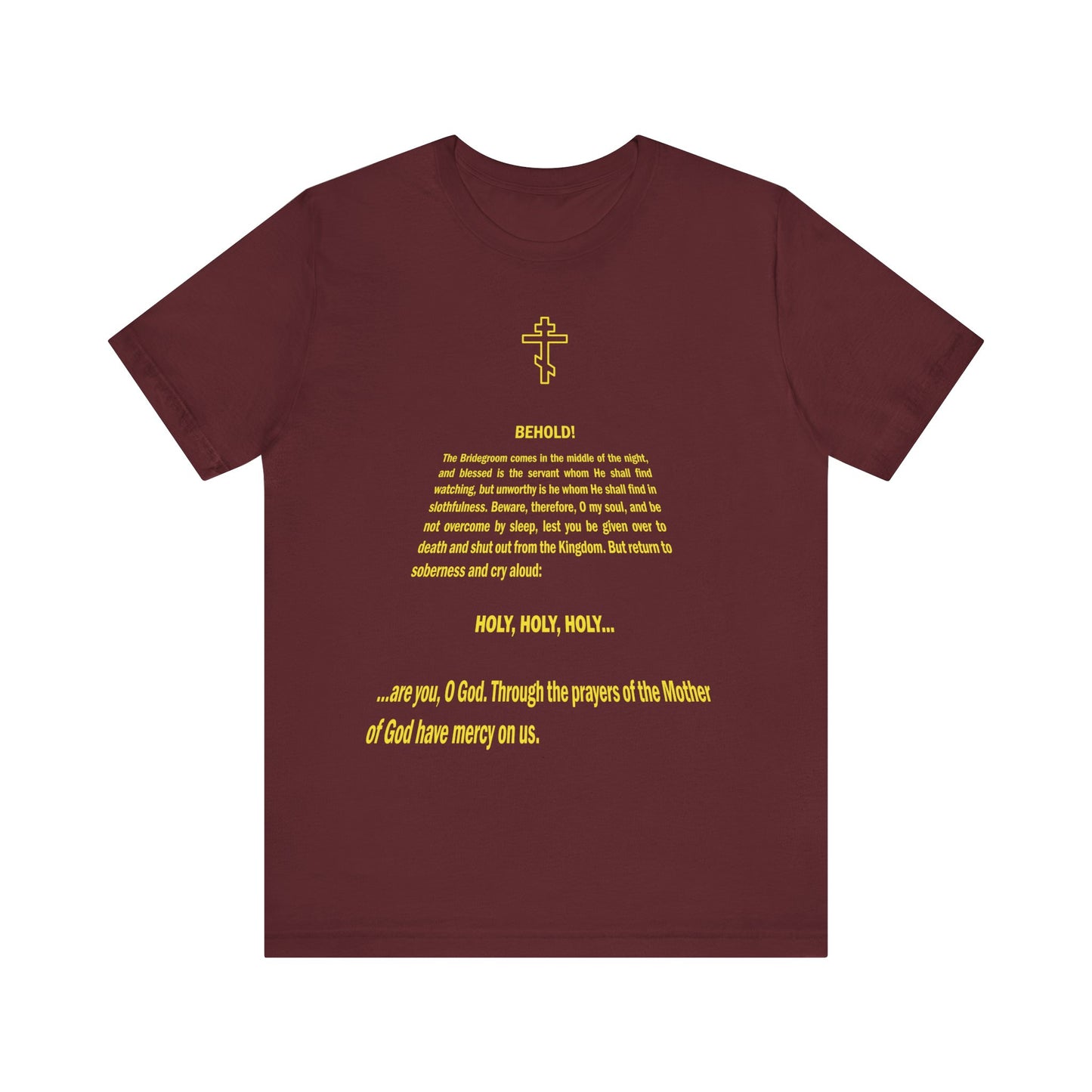 Maroon "Behold the Bridegroom" Orthodox Christian tee with a St@r W@rs title crawl design, made from lightweight cotton; unisex fit inspired by Holy Week traditions.