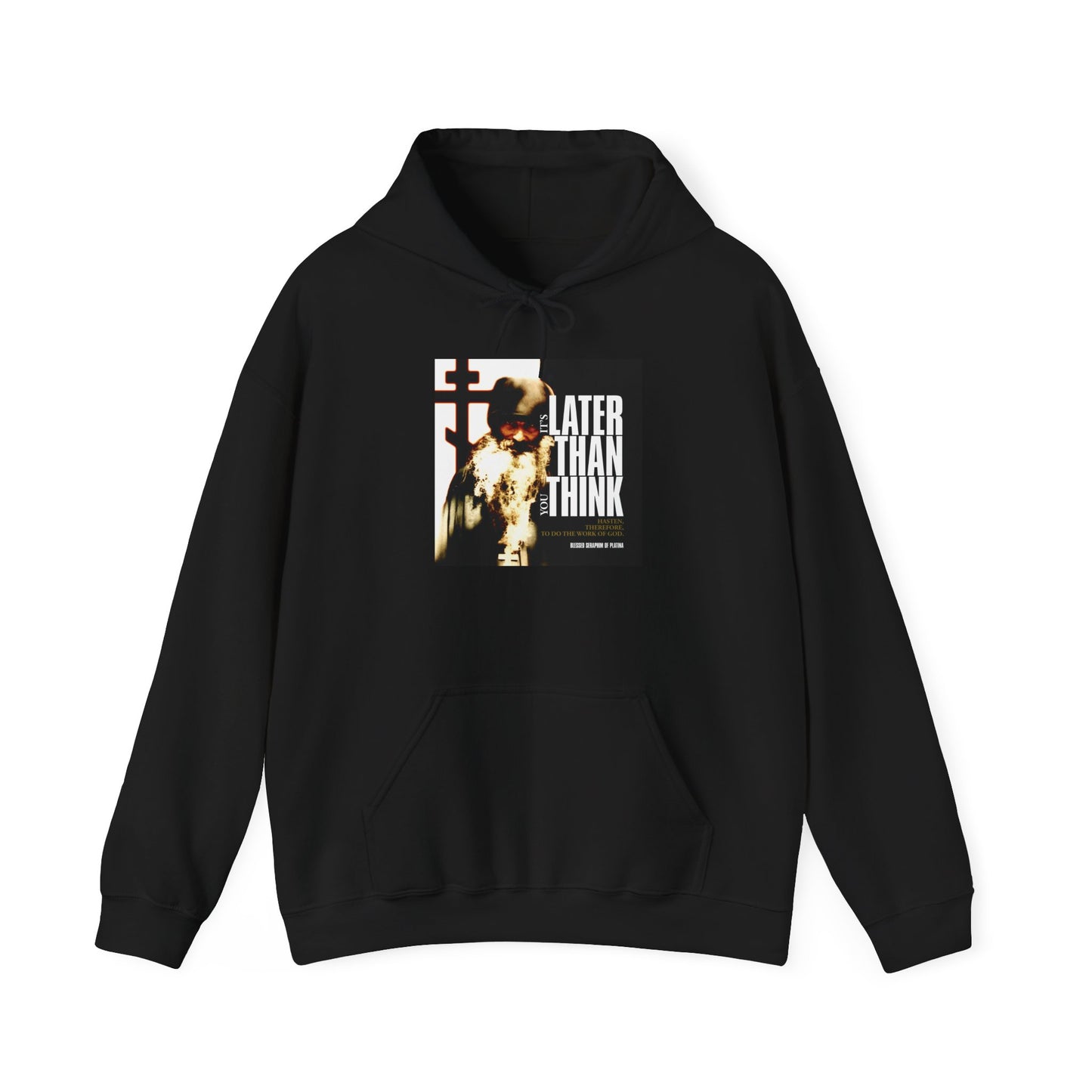 Black "It's Later Than You Think" hoodie featuring modern cinematic poster typography and a photo of Fr Seraphim Rose on the front, subtly expressing his Orthodox Christian perspective on life and God.
