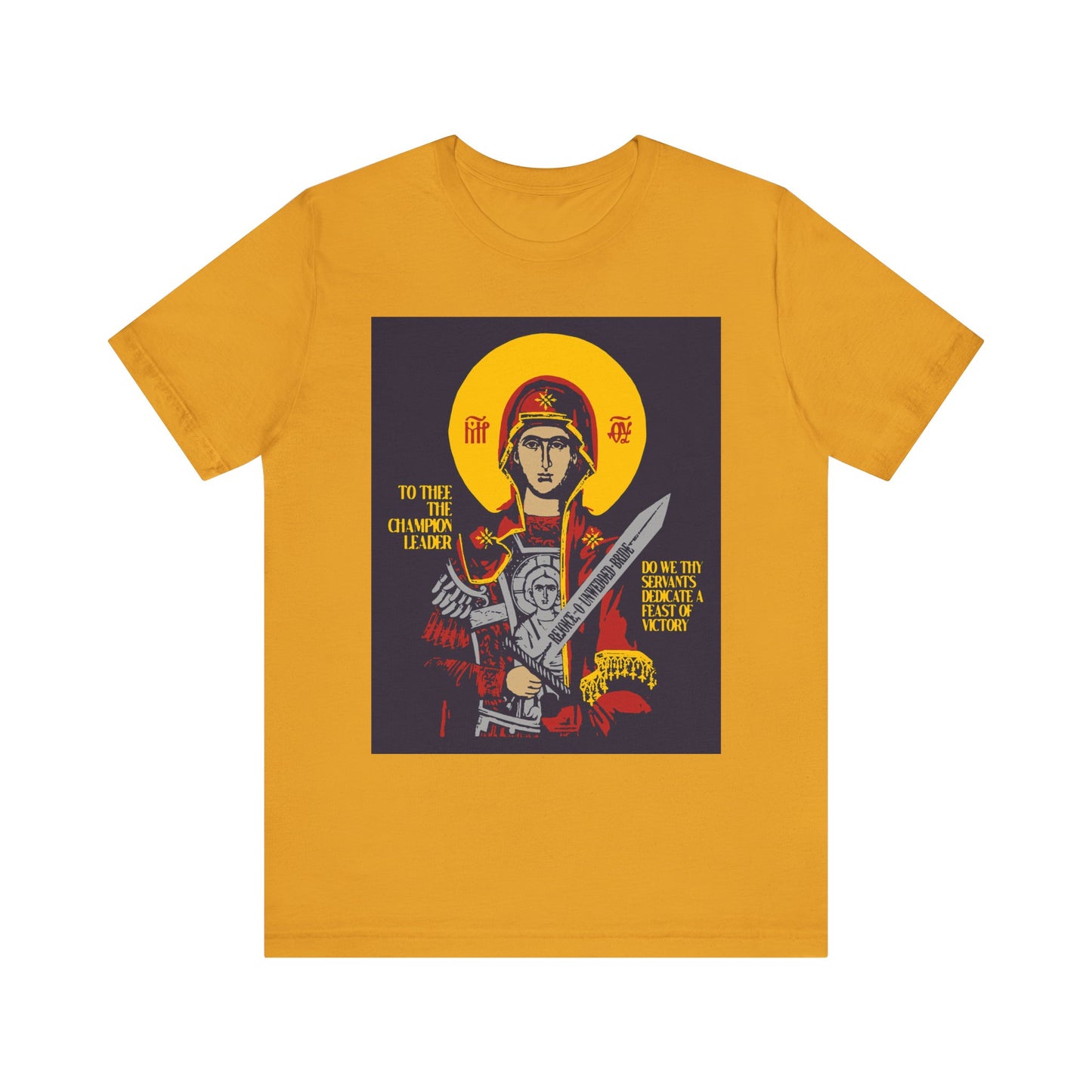 The “To Thee the Champion Leader” mustard tee features a stylized Theotokos with sword icon, Orthodox Christian design, and bold text—made from lightweight cotton for unisex wear.