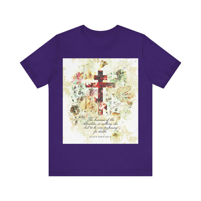 Team Purple "Preparing For Death" t-shirt features a white & beige floral scrapbook texture cross with a St Irenaeus quote in an arts & crafts style, inspired by Orthodox Christianity.