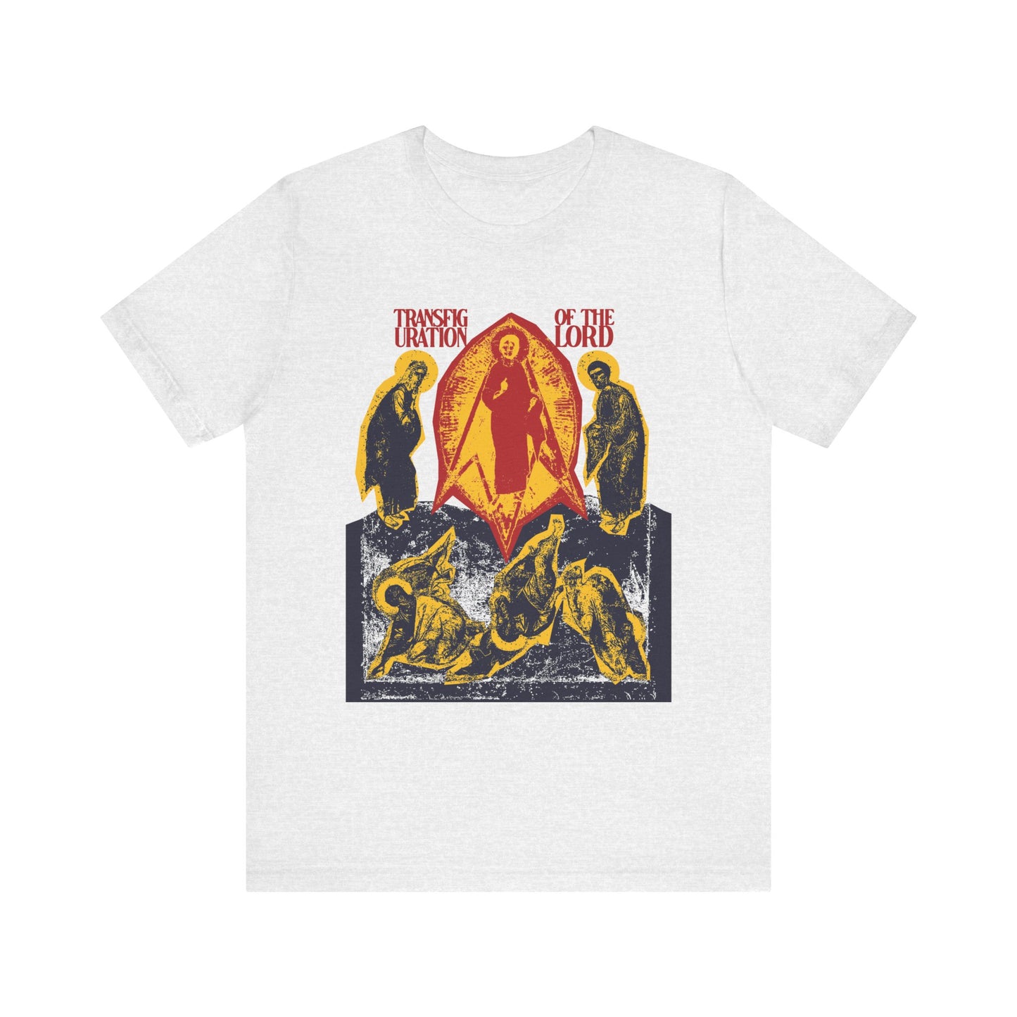 Ash-colored unisex tee featuring punk zine cut-out art of the Transfiguration of the Lord, inspired by Orthodox Christian iconography and motifs from the Troparion. Lightweight cotton; perfect for expressing faith with a modern edge.