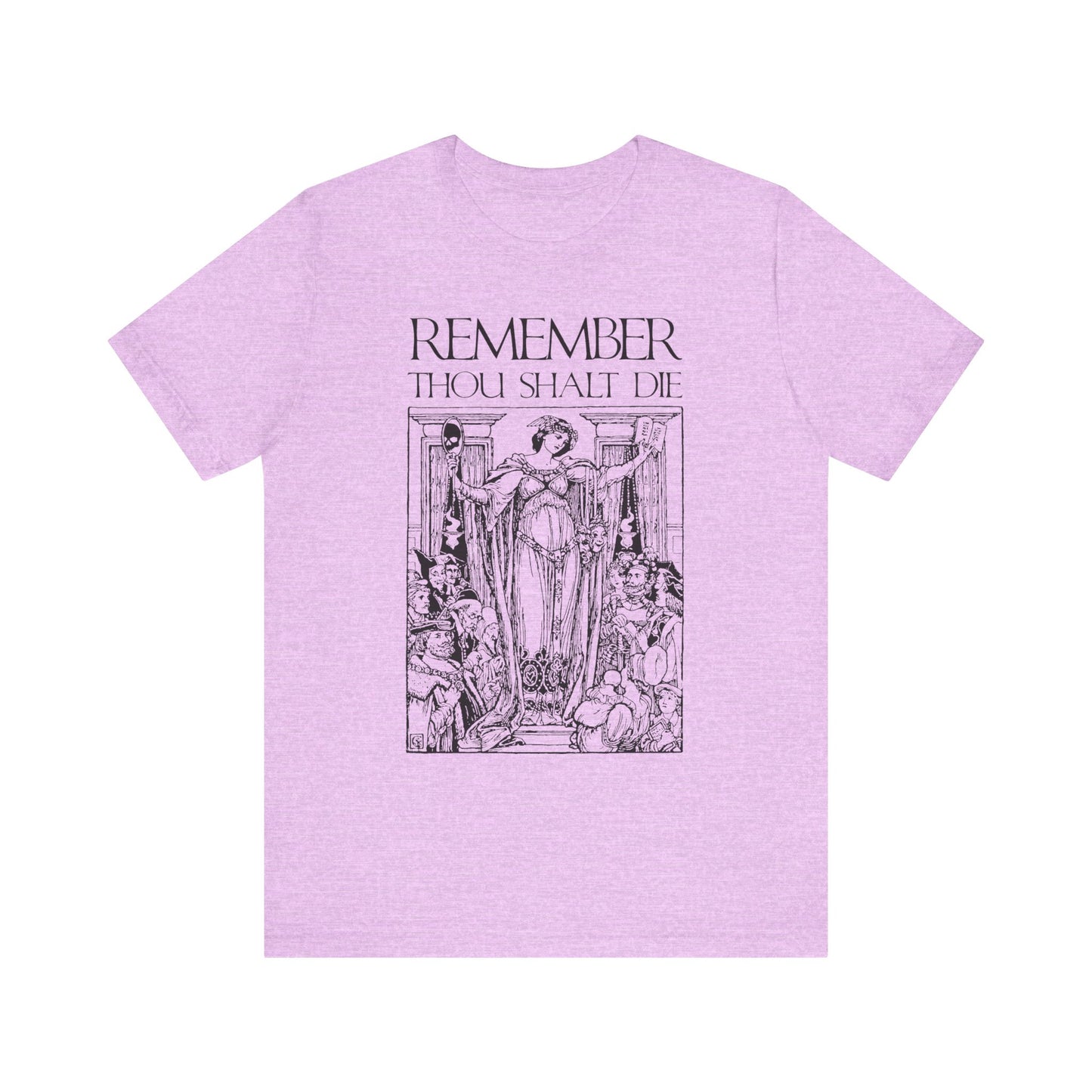 Heather Prism Lilac tee featuring a classic woodcut skeleton design with “Remember You Will Die”—a Shakespearean memento mori reminder in soft, lightweight Christian unisex cotton.