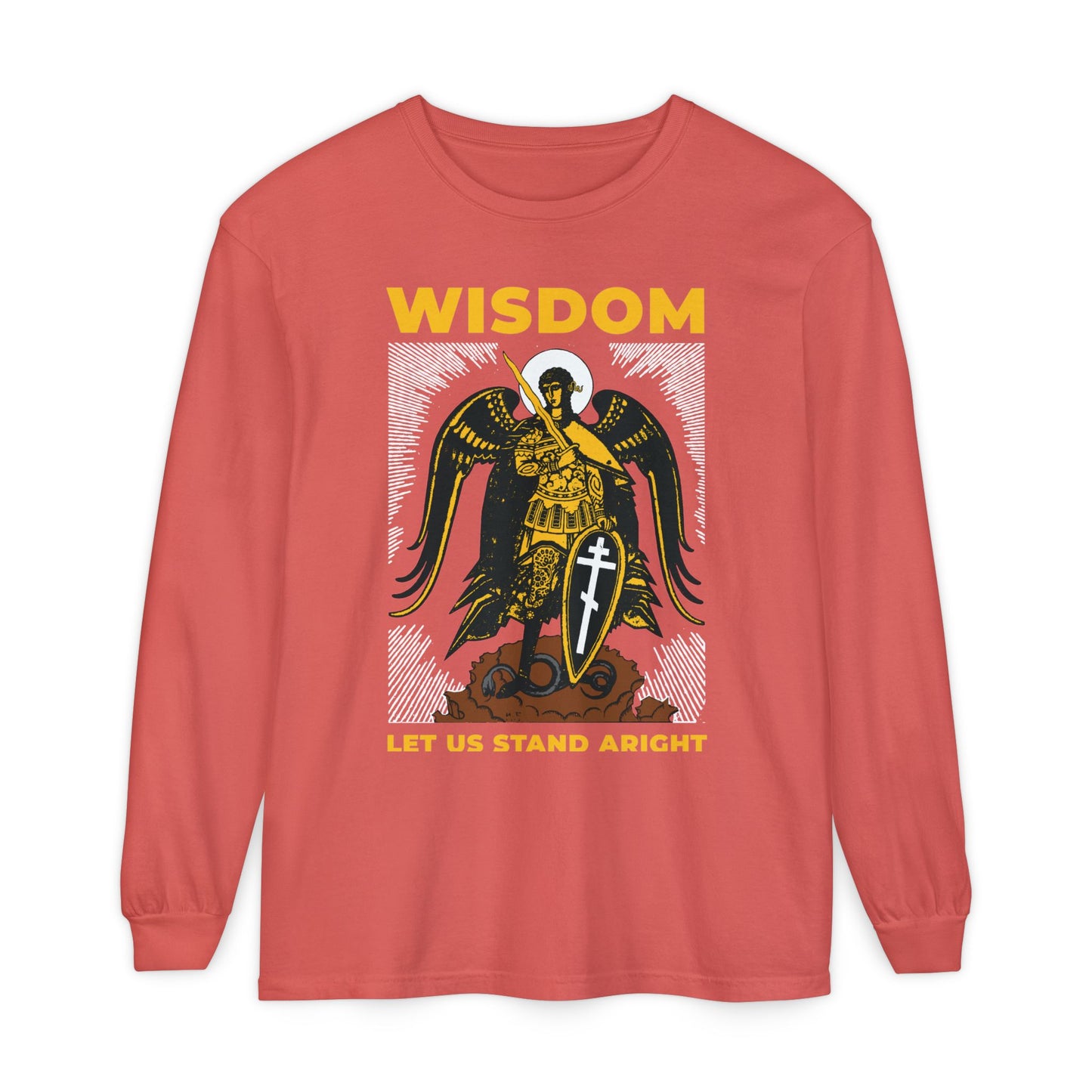 Watermelon long-sleeve cotton shirt featuring Archangel Michael with shield and sword in a Russian illustration, inspired by Revelation 12. Text: WISDOM Let Us Stand Aright. Orthodox Christian design.