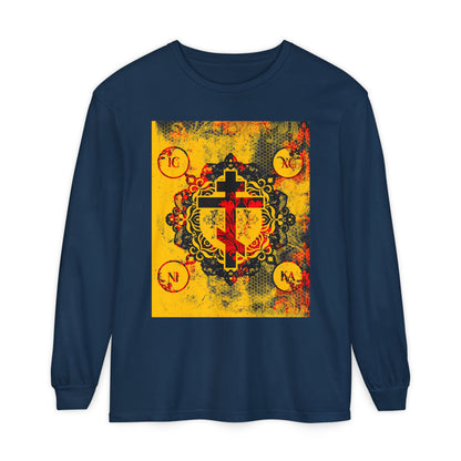 IC XC NIKA Orthodox Cross | Yellow & Red Modern & Medieval Textured Floral Design | Orthodox Christian Long Sleeve Shirt