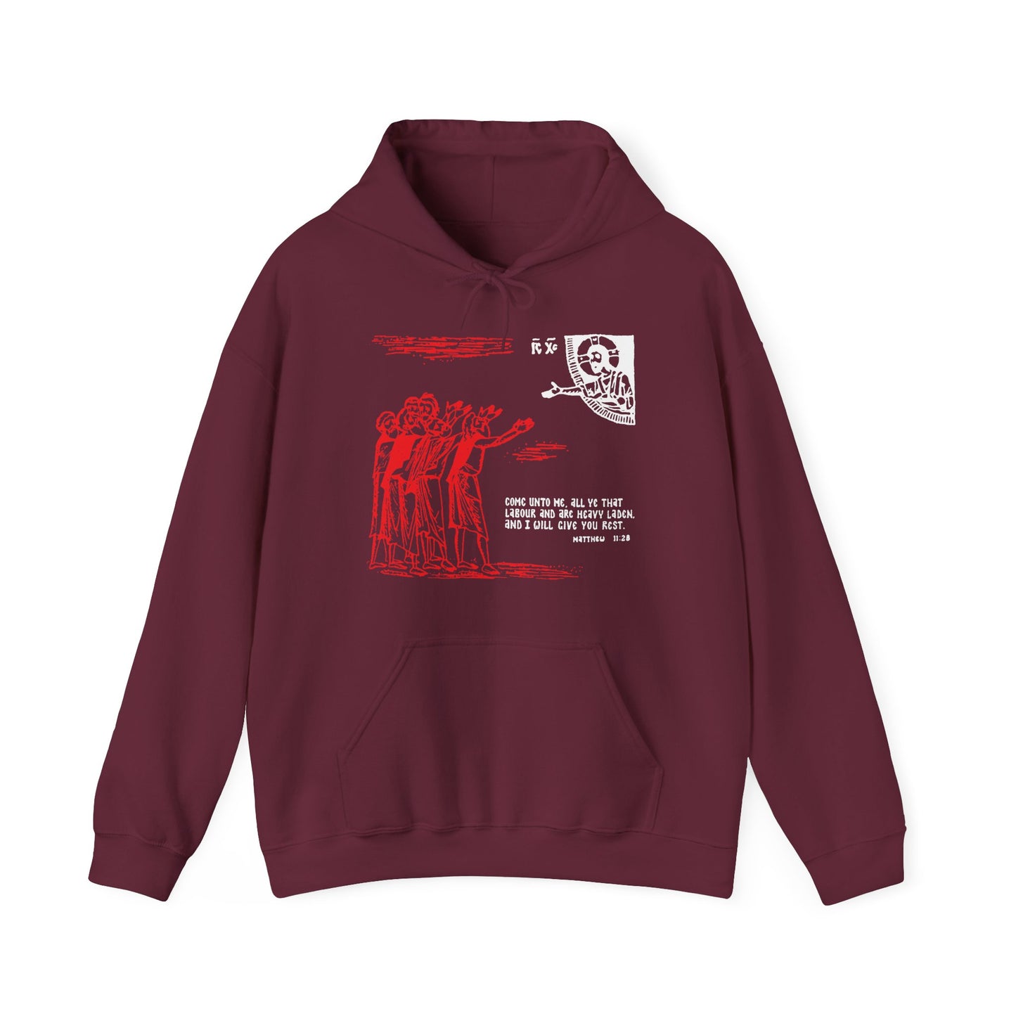 Maroon "Come Unto Me All Ye That Labour & Are Heavy Laden (Matt. 11:28)" Orthodox hoodie featuring a red and white icono-graphic design inspired by St Cyril of Alexandria, with people reaching toward an outstretched hand.