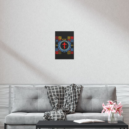 Let All Adverse Powers Be Crushed (Red, Yellow & Blue Design) | ICXC NIKA | Medieval Tile Design | Orthodox Christian Art Poster