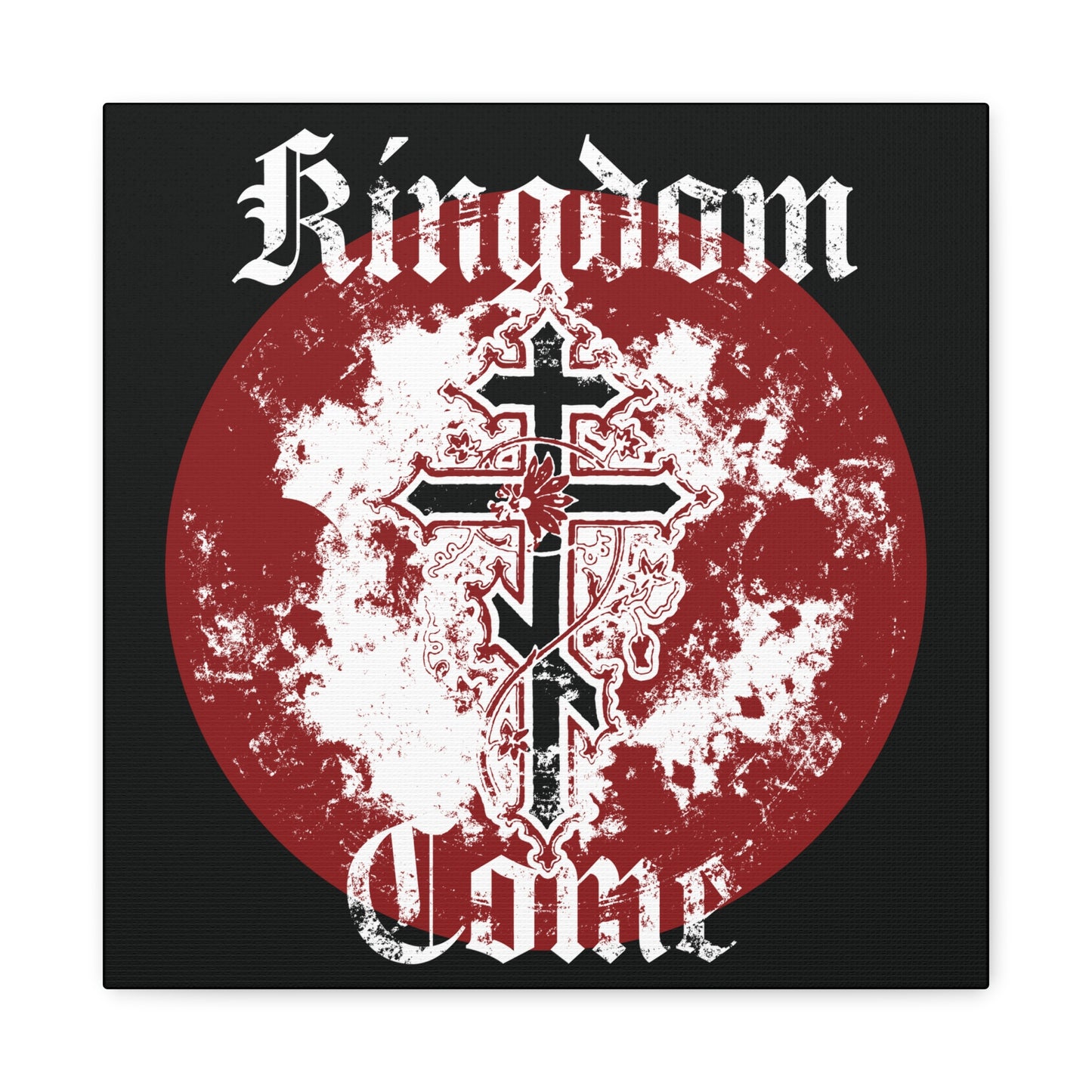 A textured gothic design of an Orthodox cross with vine and the words "Thy Kingdom Come," inspired by the Lord’s Prayer, featured on the "Kingdom Come" Orthodox Christian canvas art.