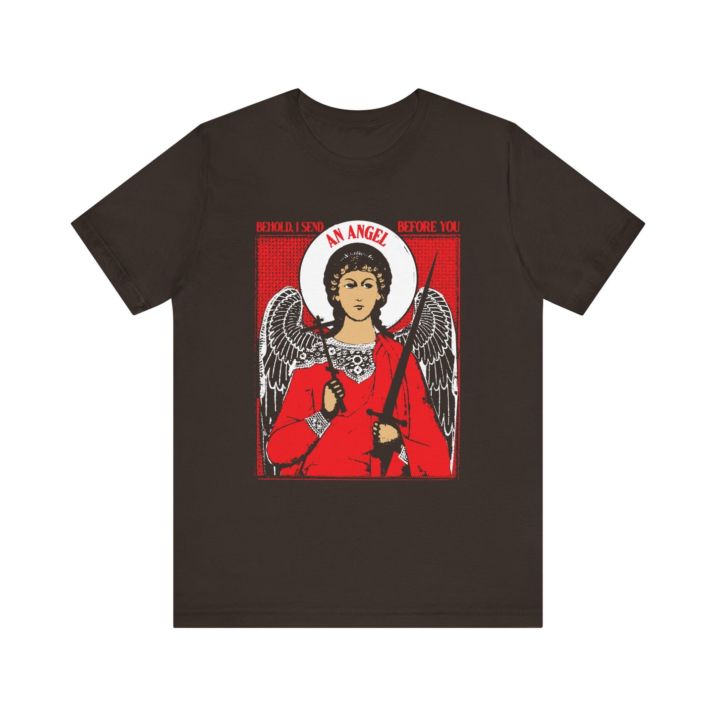 Brown unisex tee featuring a guardian angel with cross and sword, inspired by "Behold, I send an angel before you" (Ex 23:20). Orthodox iconographic design on lightweight cotton for angelic protection.