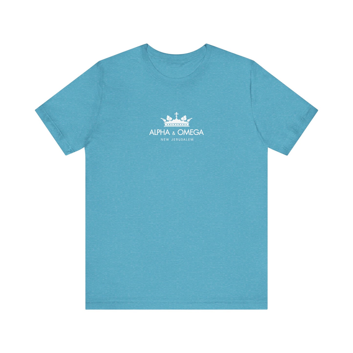 Heather aqua unisex T-shirt featuring a white crown with Orthodox cross and “Alpha & Omega New Jerusalem” text on the chest, inspired by Revelation and the Second Coming. Lightweight cotton; Christ the Eternal Tao theme.