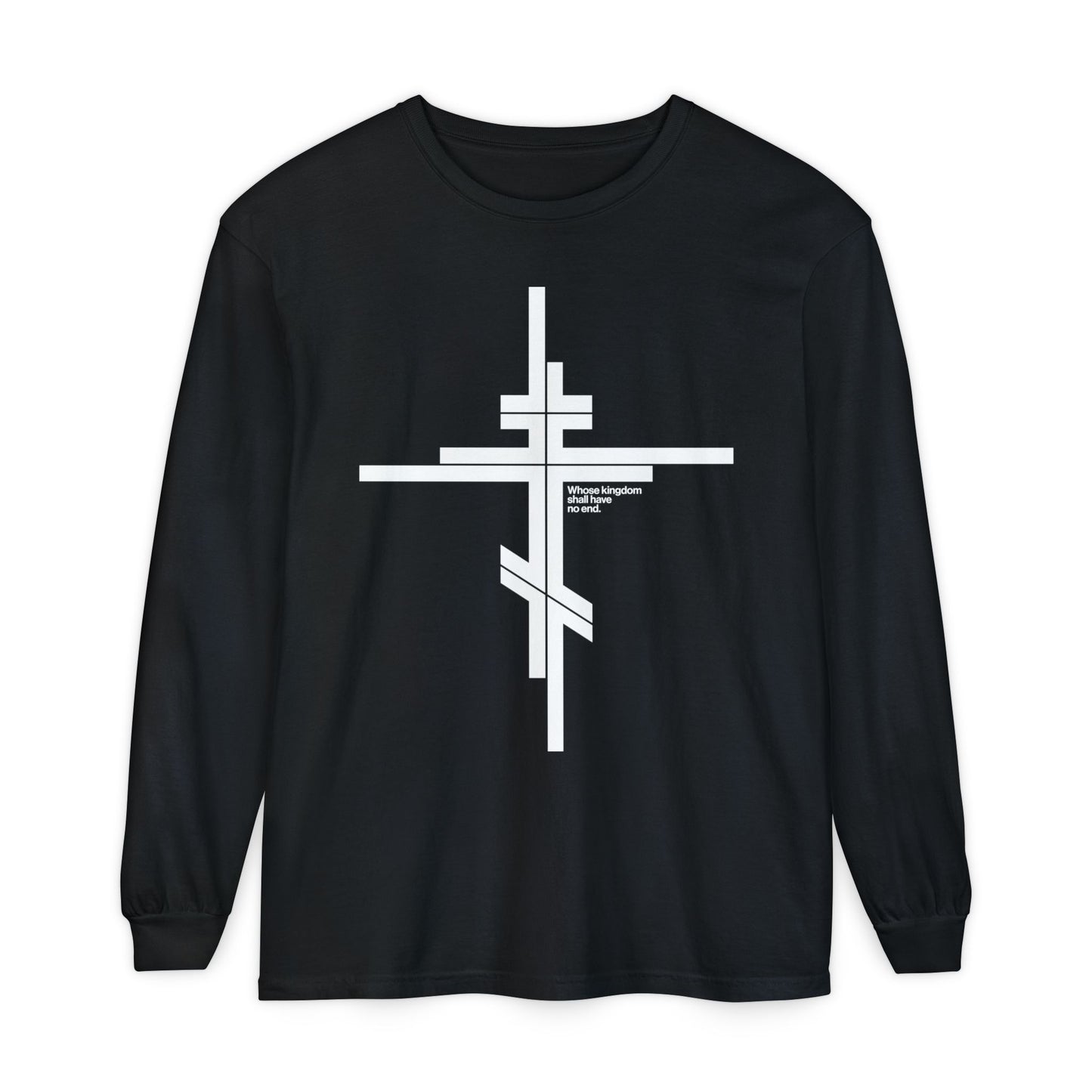 Whose Kingdom Shall Have No End | Luke 1:32-33 | Orthodox Cross | Modernist Minimalist Logo Style | Orthodox Long Sleeve Cotton Shirt