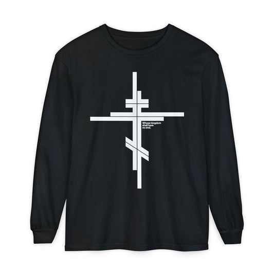 Whose Kingdom Shall Have No End | Luke 1:32-33 | Orthodox Cross | Modernist Minimalist Logo Style | Orthodox Long Sleeve Cotton Shirt