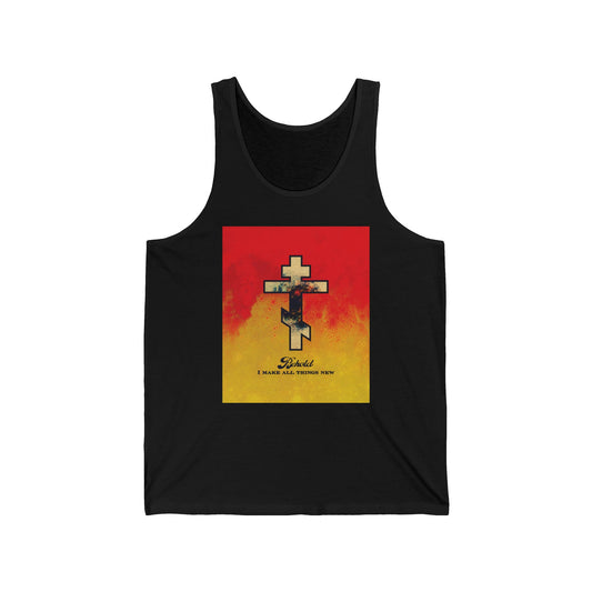Behold, I Make All Things New (Revelation 21:5) | Cosmic Orthodox Cross on Red and Yellow Background | Orthodox Christian Jersey Tank Top / Sleeveless Shirt