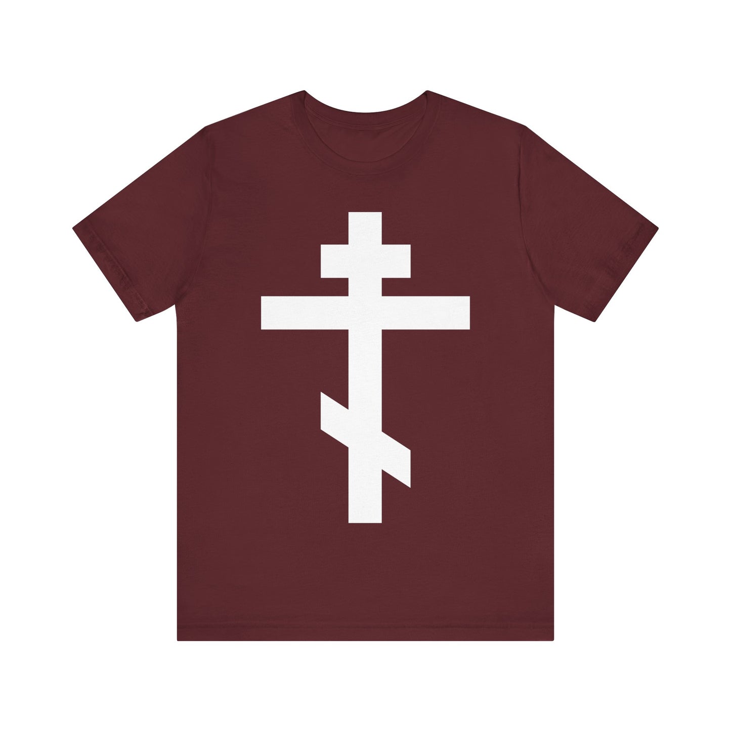 Maroon unisex tee featuring a large white Orthodox cross and Galatians 6:14: "May I never boast, except in the cross of our Lord Jesus Christ.
