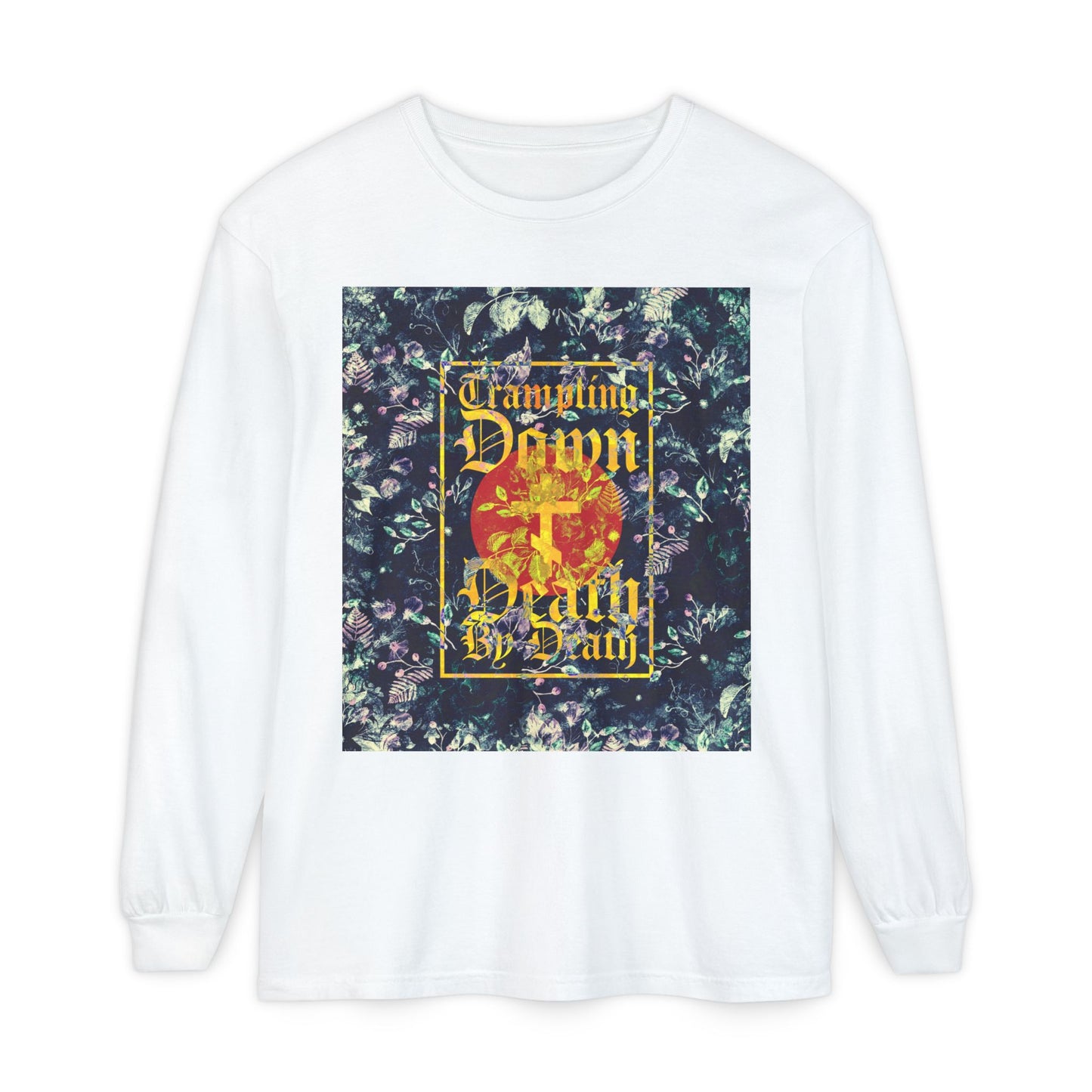 Trampling Down Death By Death | Paschal Floral Design with Gothic Script and Three-Bar Cross | Orthodox Christian Long Sleeve Shirt