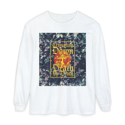 Trampling Down Death By Death | Paschal Floral Design with Gothic Script and Three-Bar Cross | Orthodox Christian Long Sleeve Shirt